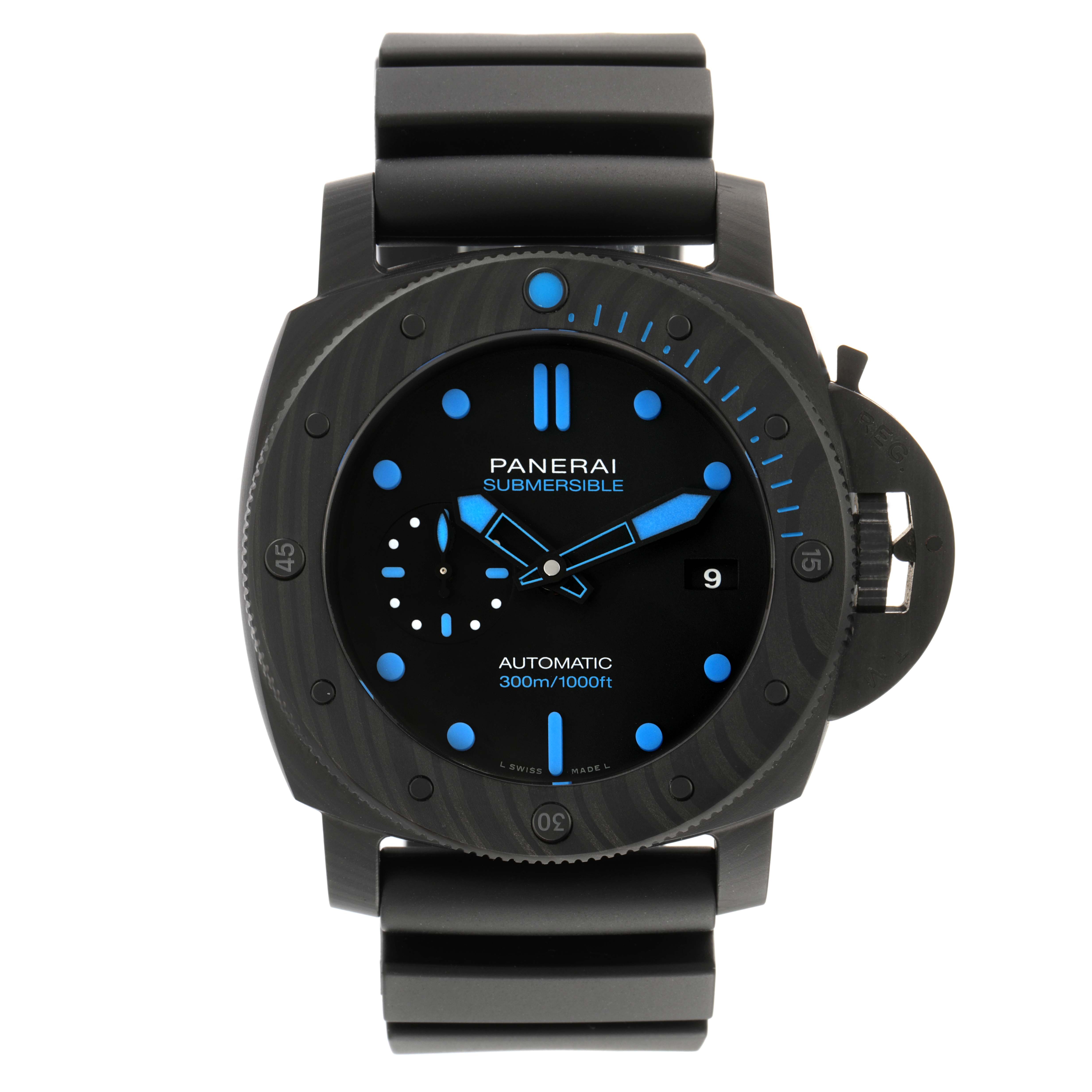 The Panerai Submersible PAM01616 Men's Ceramic Black Dial PAM01616 Men's Ceramic Black Dial watch is shown from a front angle, highlighting the dial, bezel, and strap.