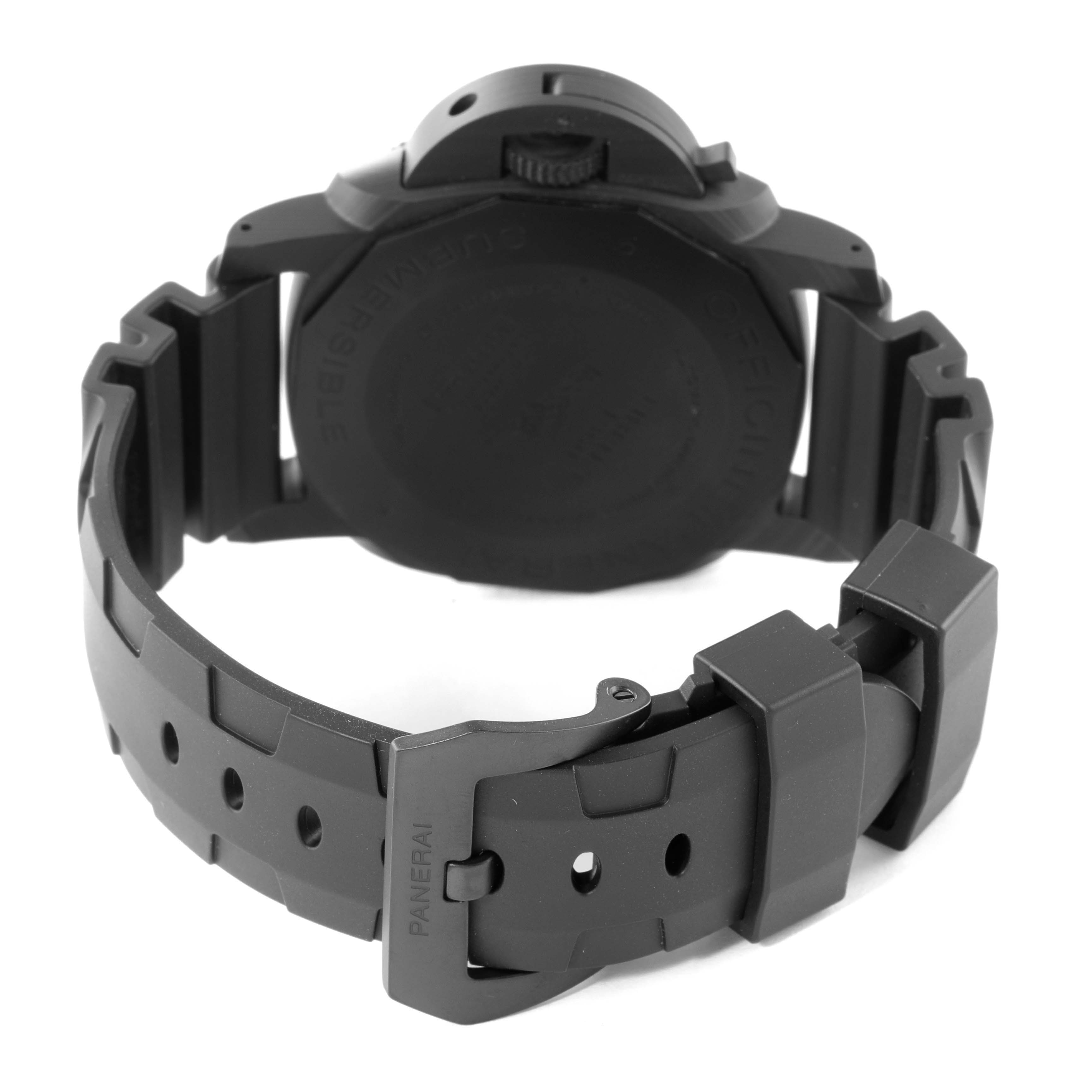 The image shows the back and clasp of a Panerai Submersible PAM01616 Men's Ceramic Black Dial PAM01616 Men's Ceramic Black Dial watch from a rear angle.