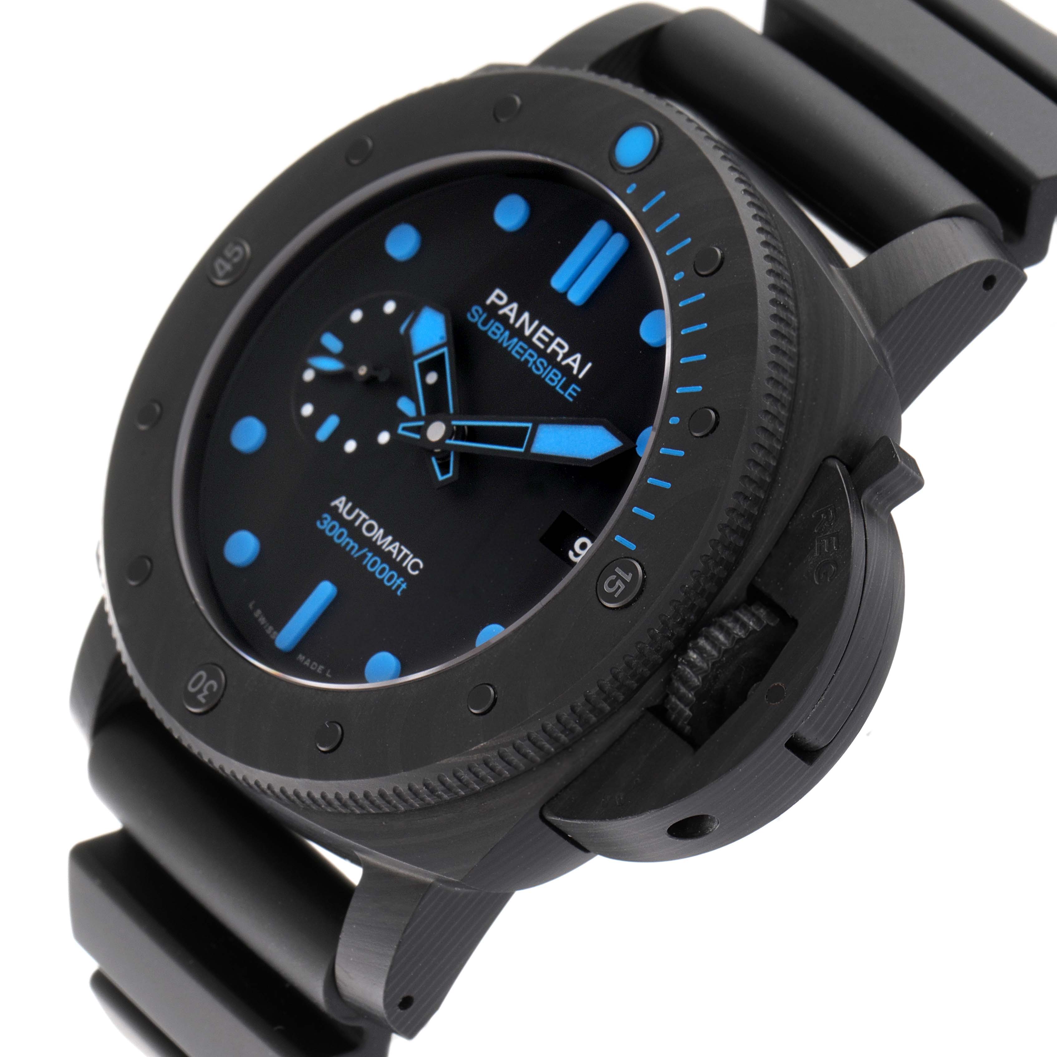 The image shows a Panerai Submersible PAM01616 Men's Ceramic Black Dial PAM01616 Men's Ceramic Black Dial watch from an angled view, highlighting the dial, bezel, and part of the strap.