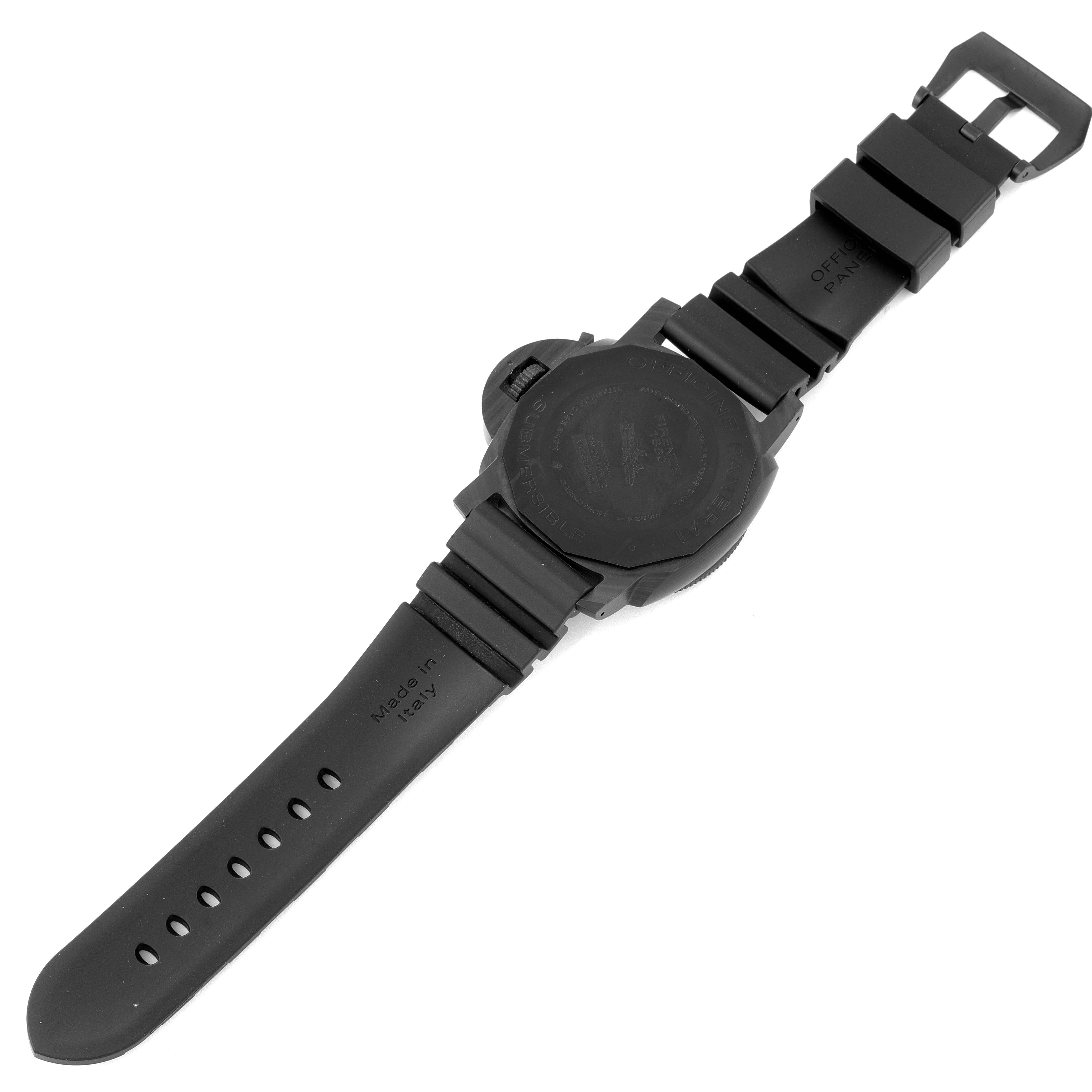 The image shows the back view of a Panerai Submersible PAM01616 Men's Ceramic Black Dial PAM01616 Men's Ceramic Black Dial watch, featuring its case back, rubber strap, and buckle.