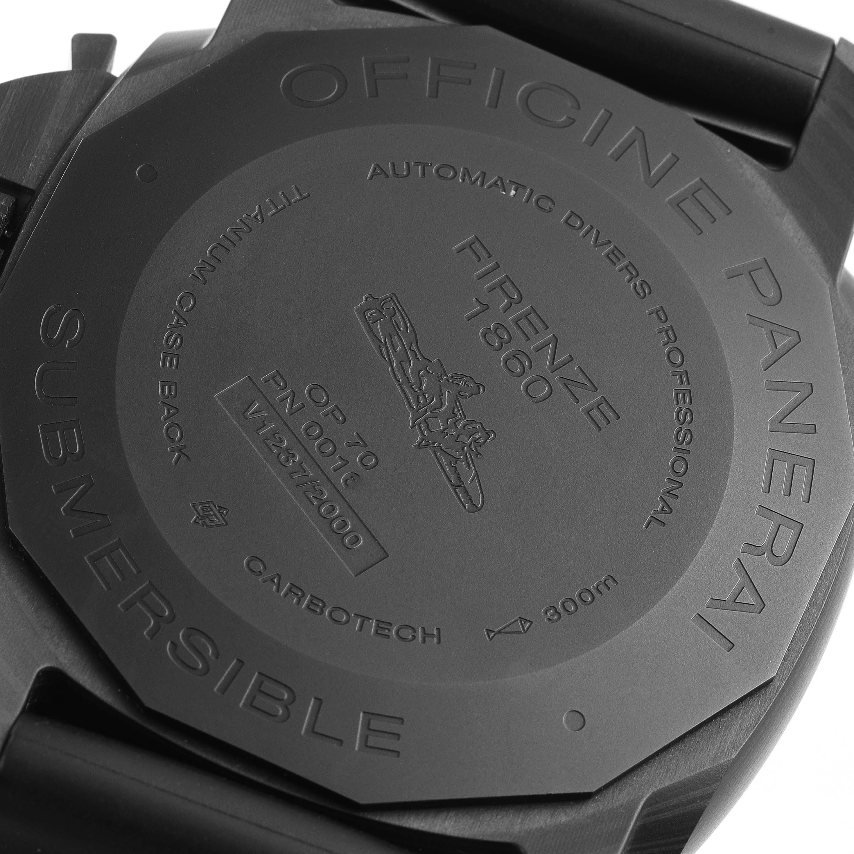 The image shows the back case of the Panerai Submersible PAM01616 Men's Ceramic Black Dial PAM01616 Men's Ceramic Black Dial watch, featuring engravings and detailed markings.