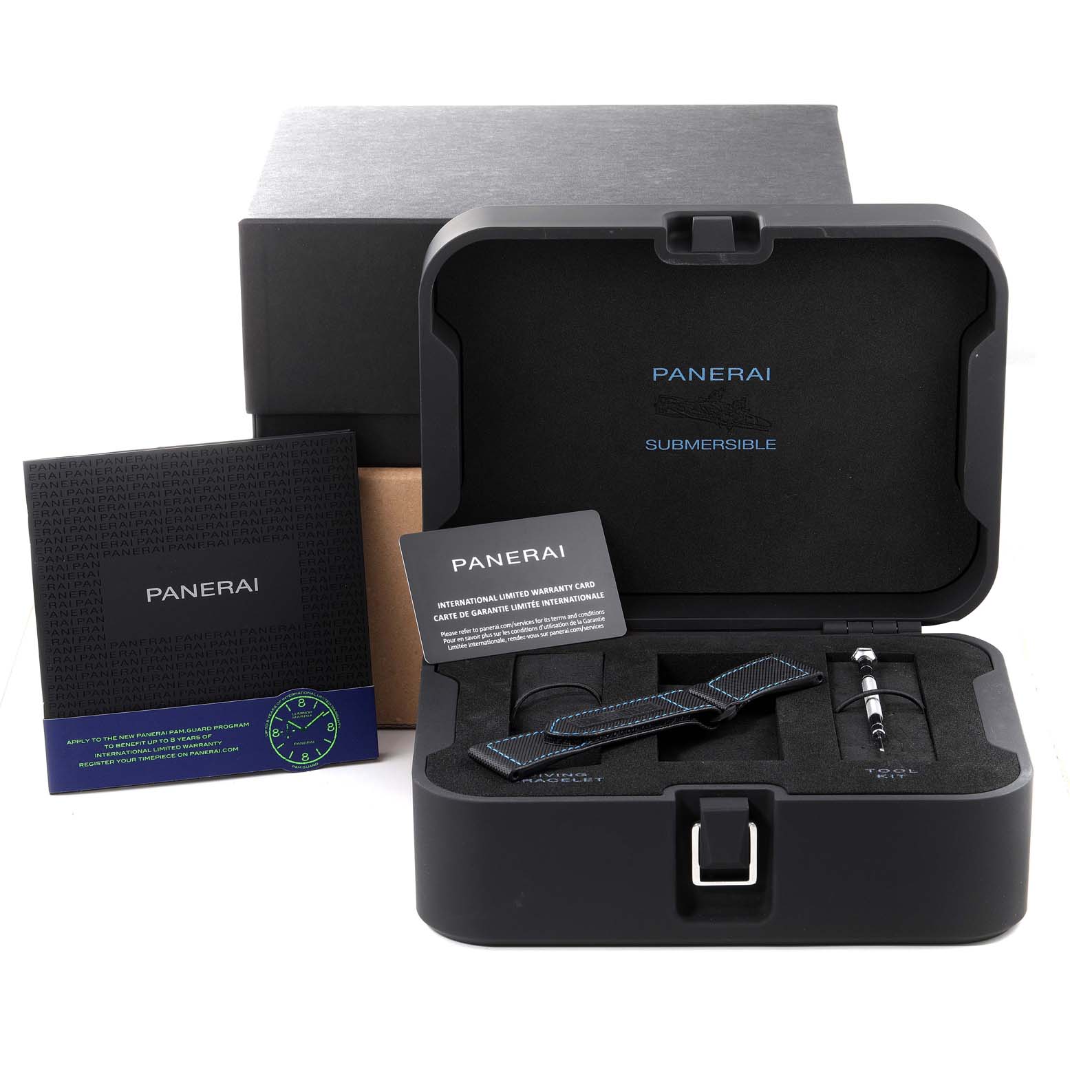 The image shows the packaging of a Panerai Submersible PAM01616 Men's Ceramic Black Dial PAM01616 Men's Ceramic Black Dial watch, including a strap, screwdriver, warranty card, and instruction booklet.