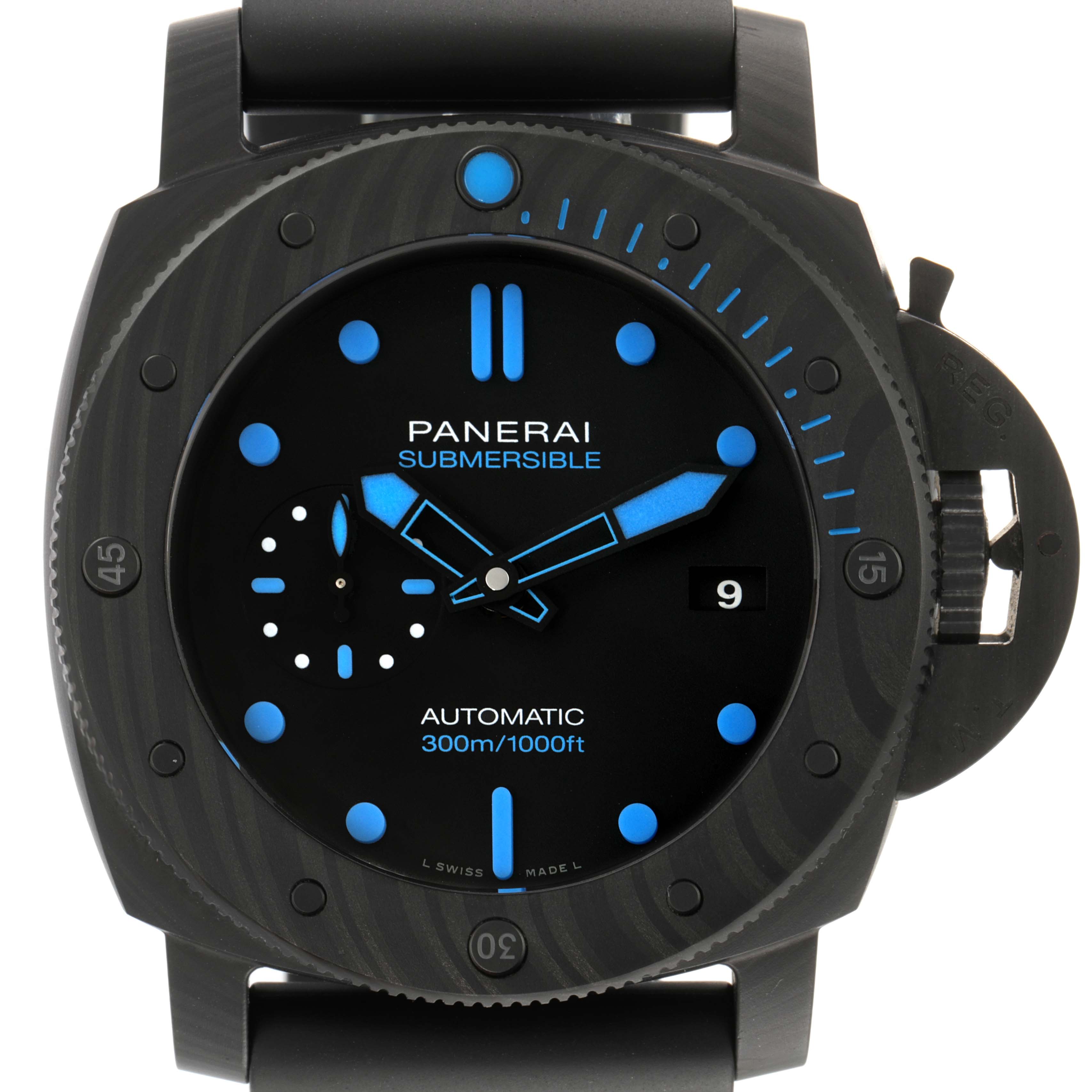 The image shows a head-on view of the Panerai Submersible PAM01616 Men's Ceramic Black Dial PAM01616 Men's Ceramic Black Dial watch, highlighting its dial, hands, and bezel.