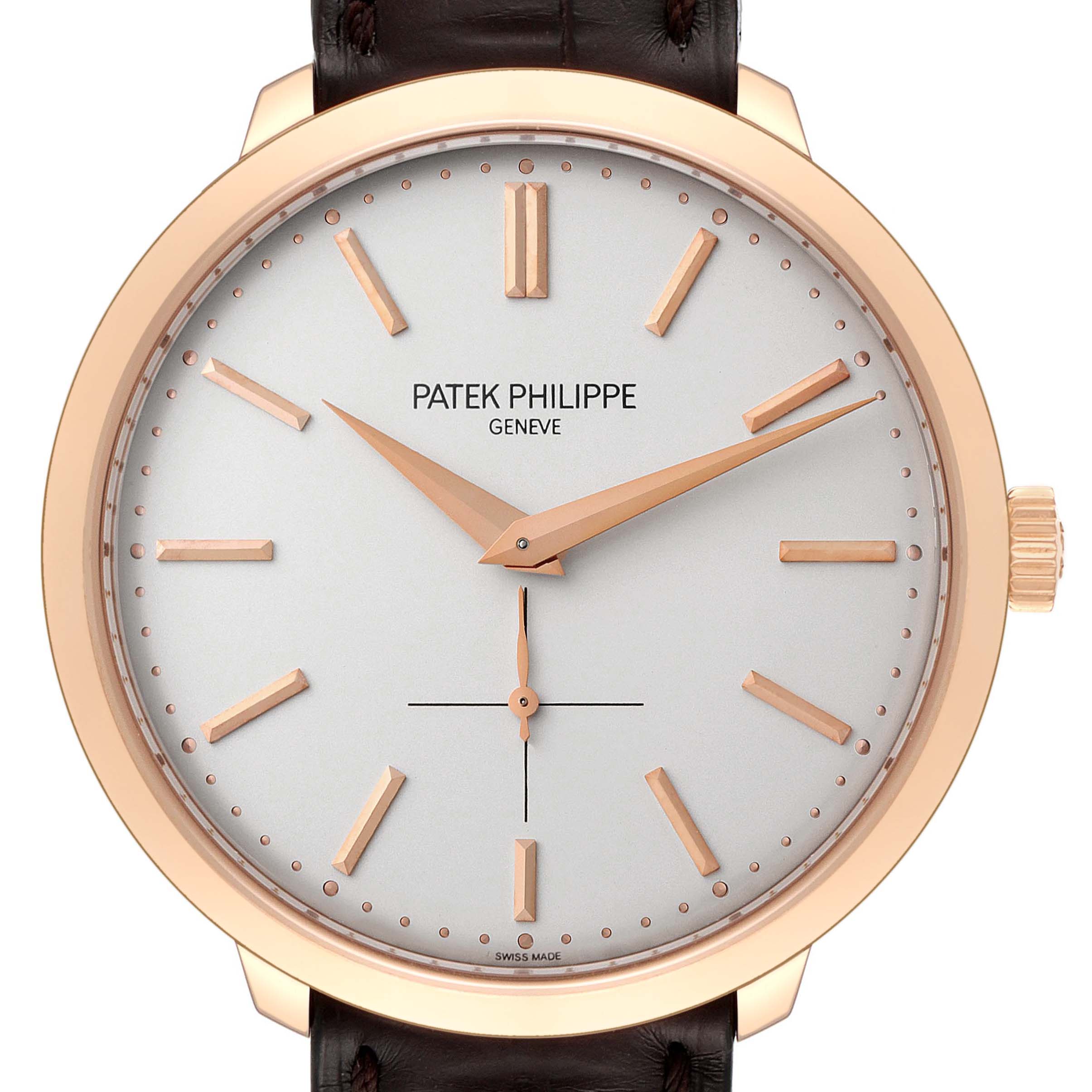 The image shows a close-up, front angle of a Patek Philippe Calatrava 5123R-001 Men's Rose Gold Silver Dial 5123R-001 Men's Rose Gold Silver Dial watch, highlighting the dial, hands, and crown.