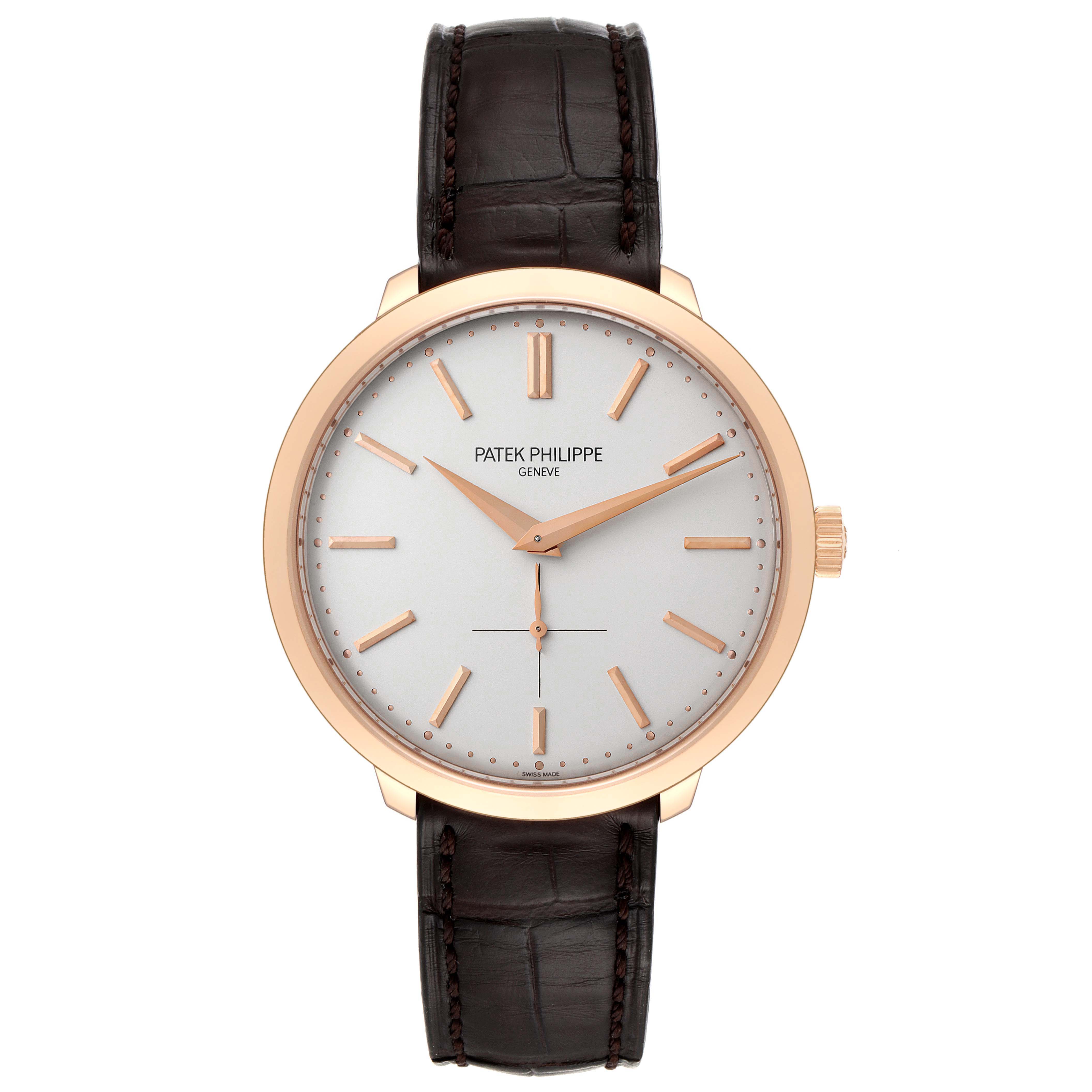 This image shows a front view of the Patek Philippe Calatrava 5123R-001 Men's Rose Gold Silver Dial 5123R-001 Men's Rose Gold Silver Dial watch, highlighting its dial, hands, case, and leather strap.