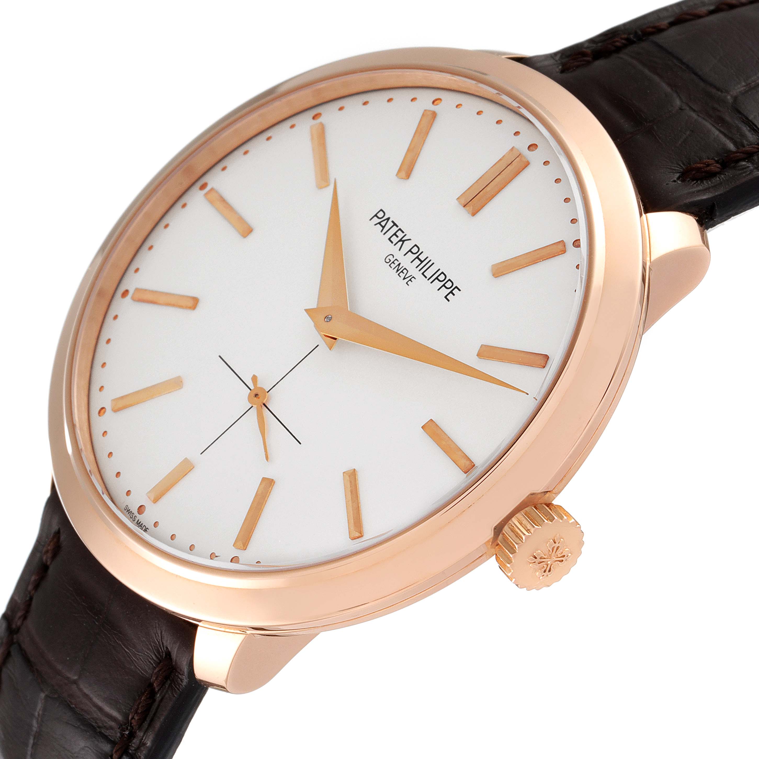 The Patek Philippe Calatrava 5123R-001 Men's Rose Gold Silver Dial 5123R-001 Men's Rose Gold Silver Dial watch is shown at a slight angle, highlighting the dial, crown, and brown leather strap.