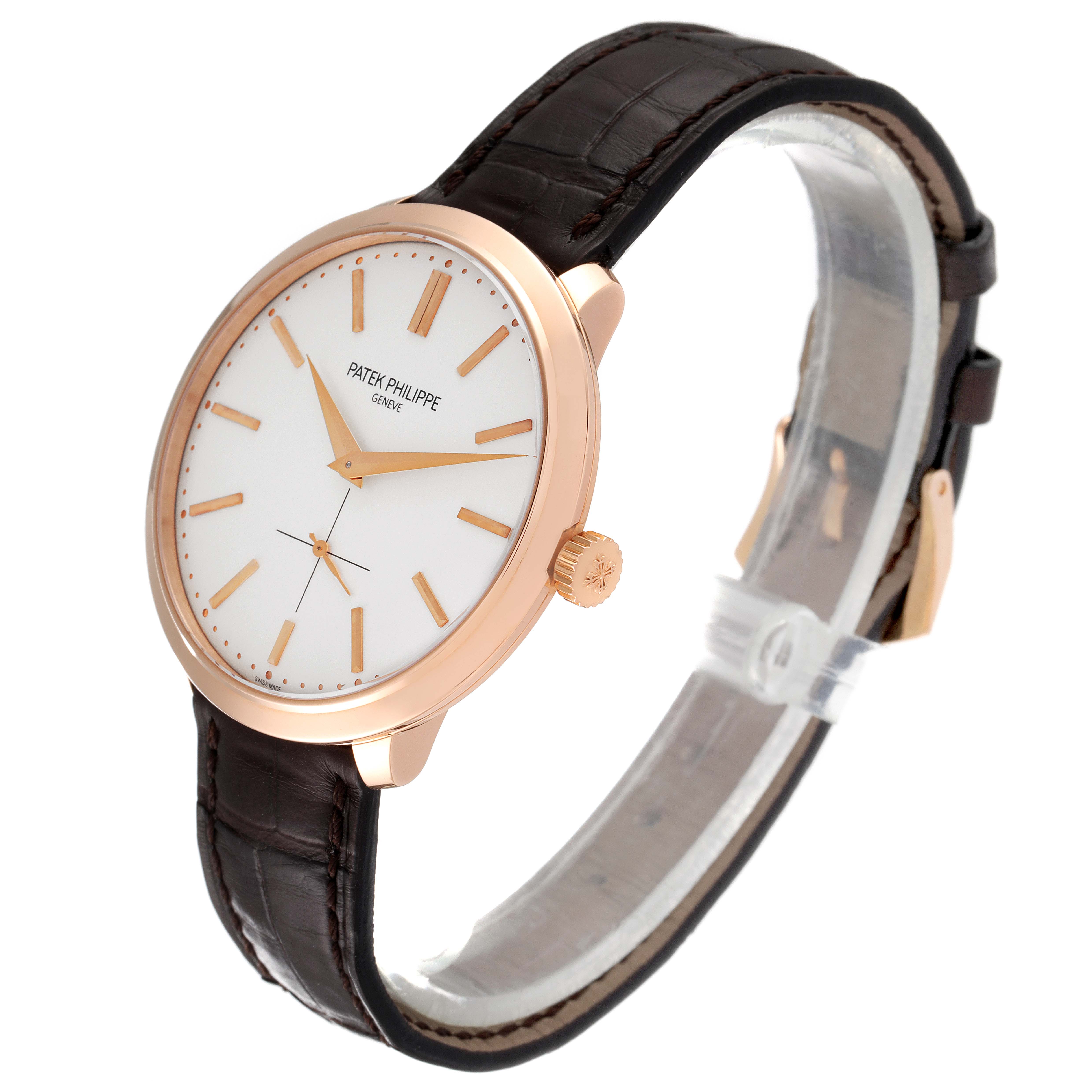 The image shows a front angled view of a Patek Philippe Calatrava 5123R-001 Men's Rose Gold Silver Dial 5123R-001 Men's Rose Gold Silver Dial watch with a brown leather strap and a gold case.