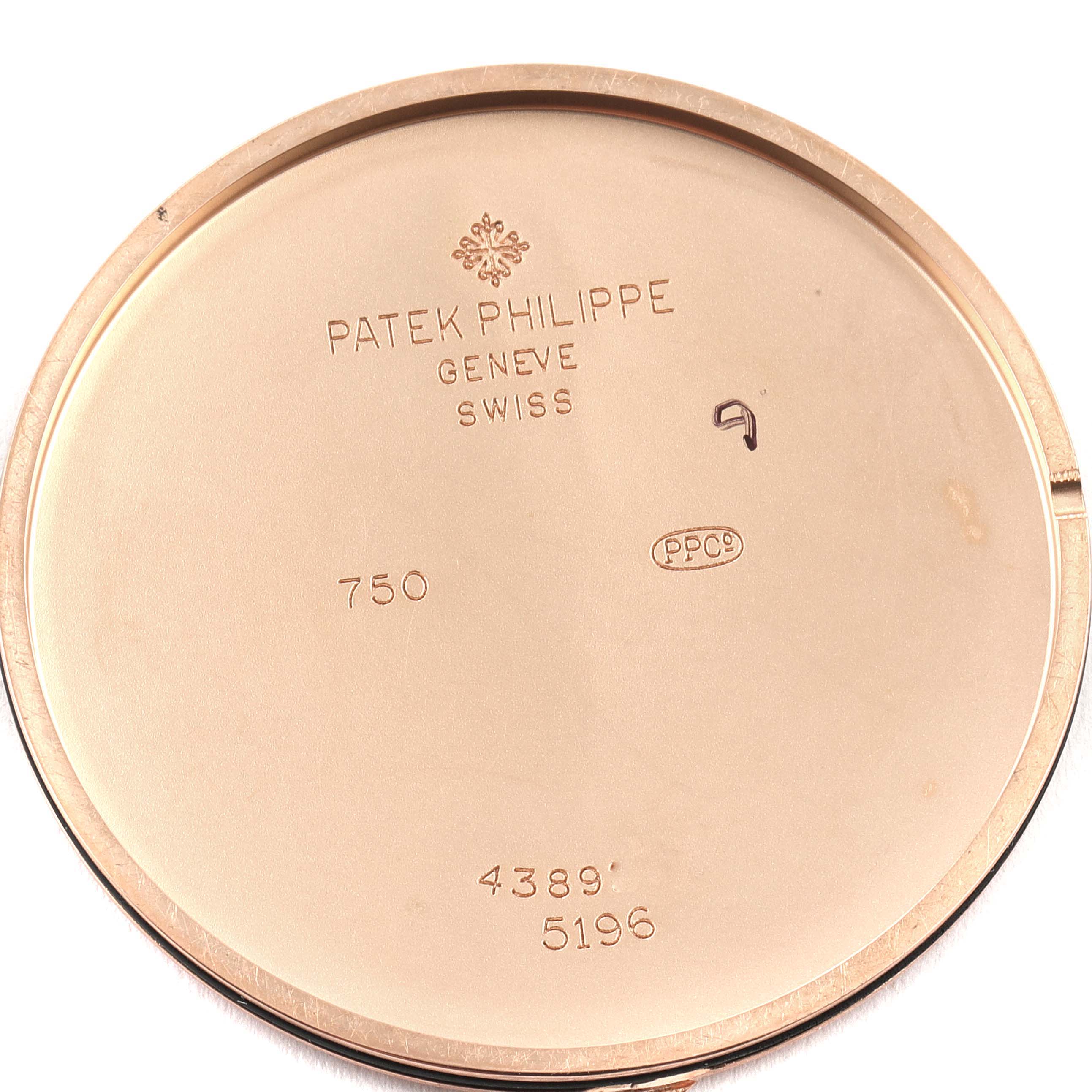 This is an image of the interior side of the case back for a Patek Philippe Calatrava 5196R Men's Rose Gold Silver Dial 5196R Men's Rose Gold Silver Dial watch.
