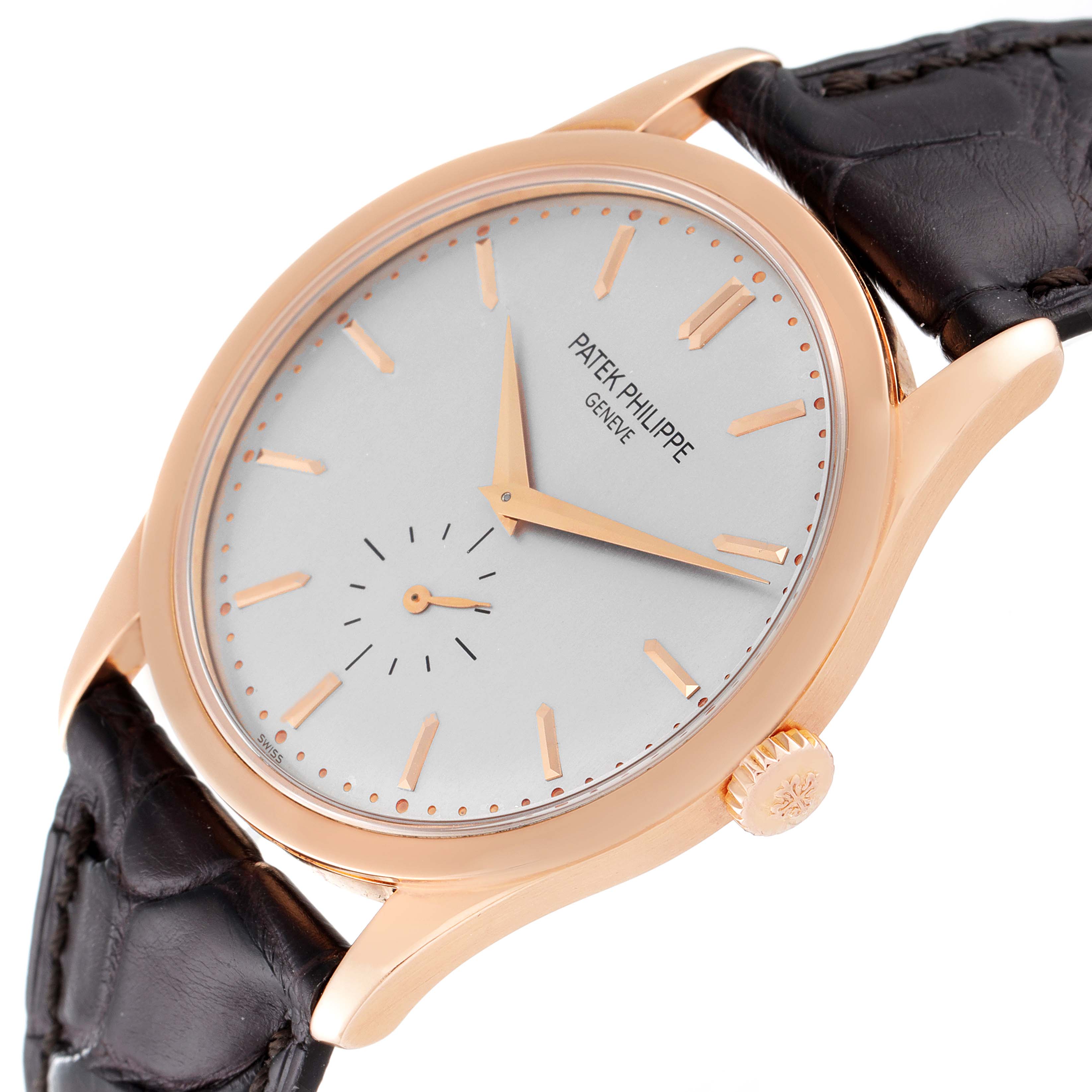 The image shows a side view of a Patek Philippe Calatrava 5196R Men's Rose Gold Silver Dial 5196R Men's Rose Gold Silver Dial watch, highlighting its rose gold case, dial, crown, and leather strap.