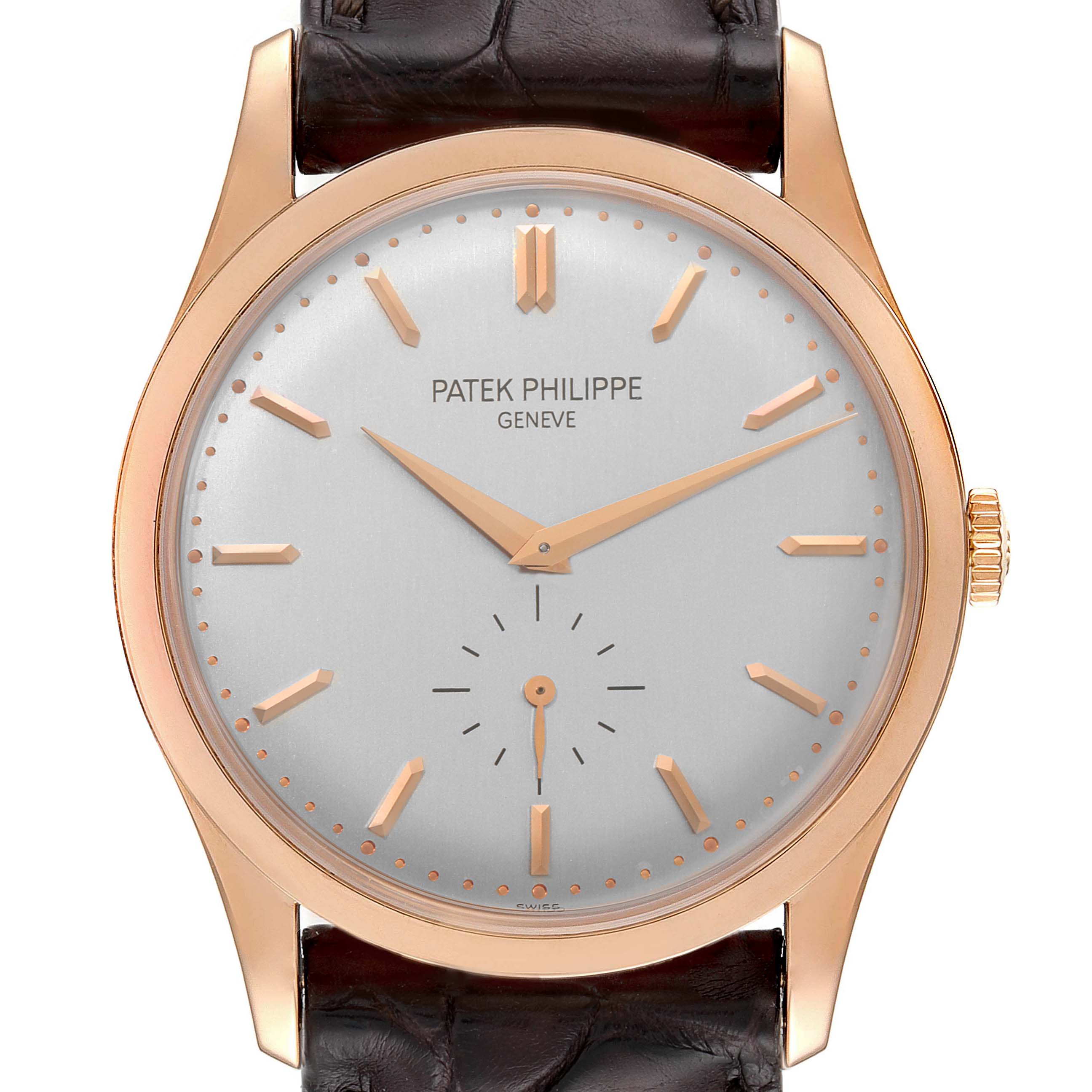 The Patek Philippe Calatrava 5196R Men's Rose Gold Silver Dial 5196R Men's Rose Gold Silver Dial watch is shown from a front angle, displaying the dial, brown leather strap, and rose gold casing.