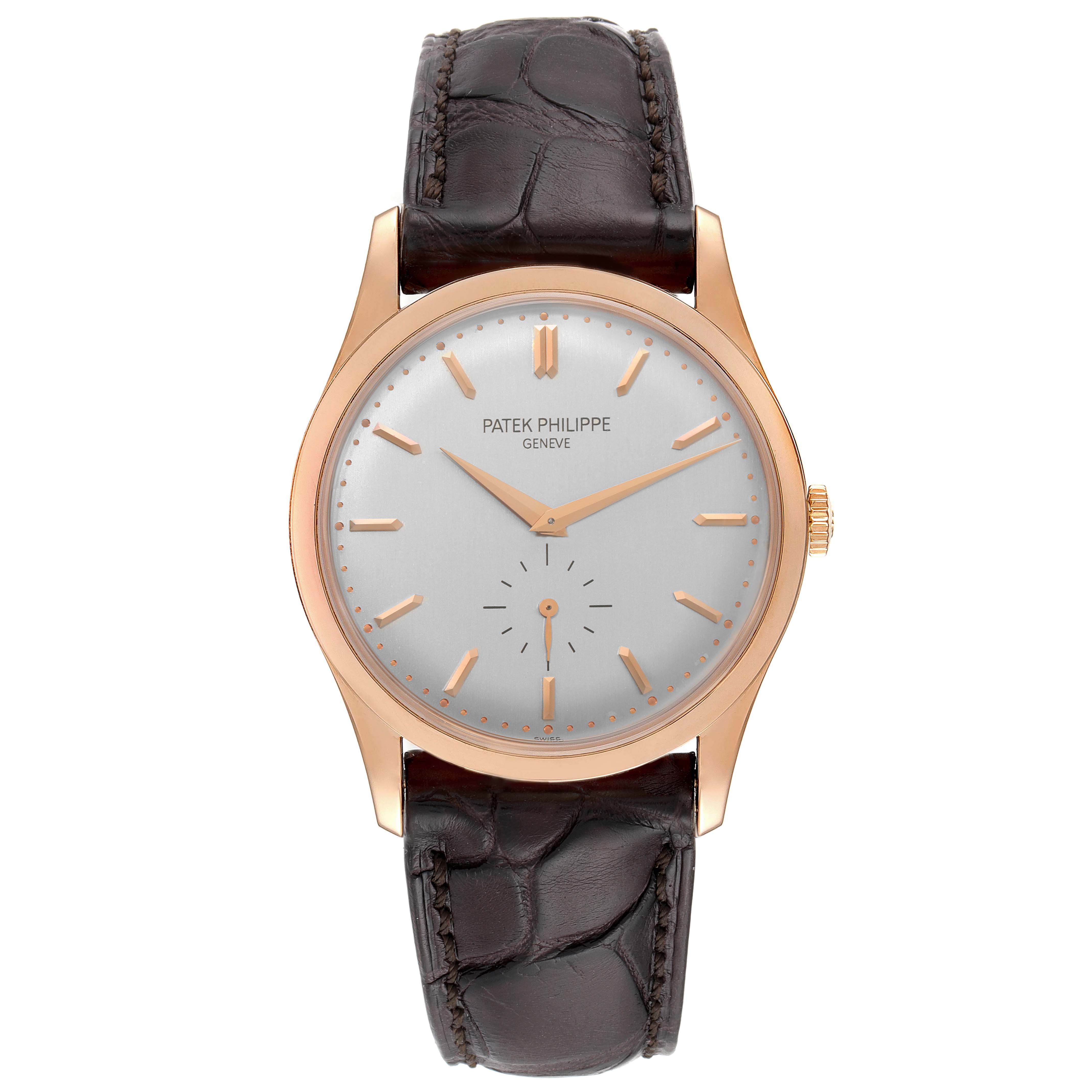 This image shows a front view of a Patek Philippe Calatrava 5196R Men's Rose Gold Silver Dial 5196R Men's Rose Gold Silver Dial watch with a gold case and brown leather strap.