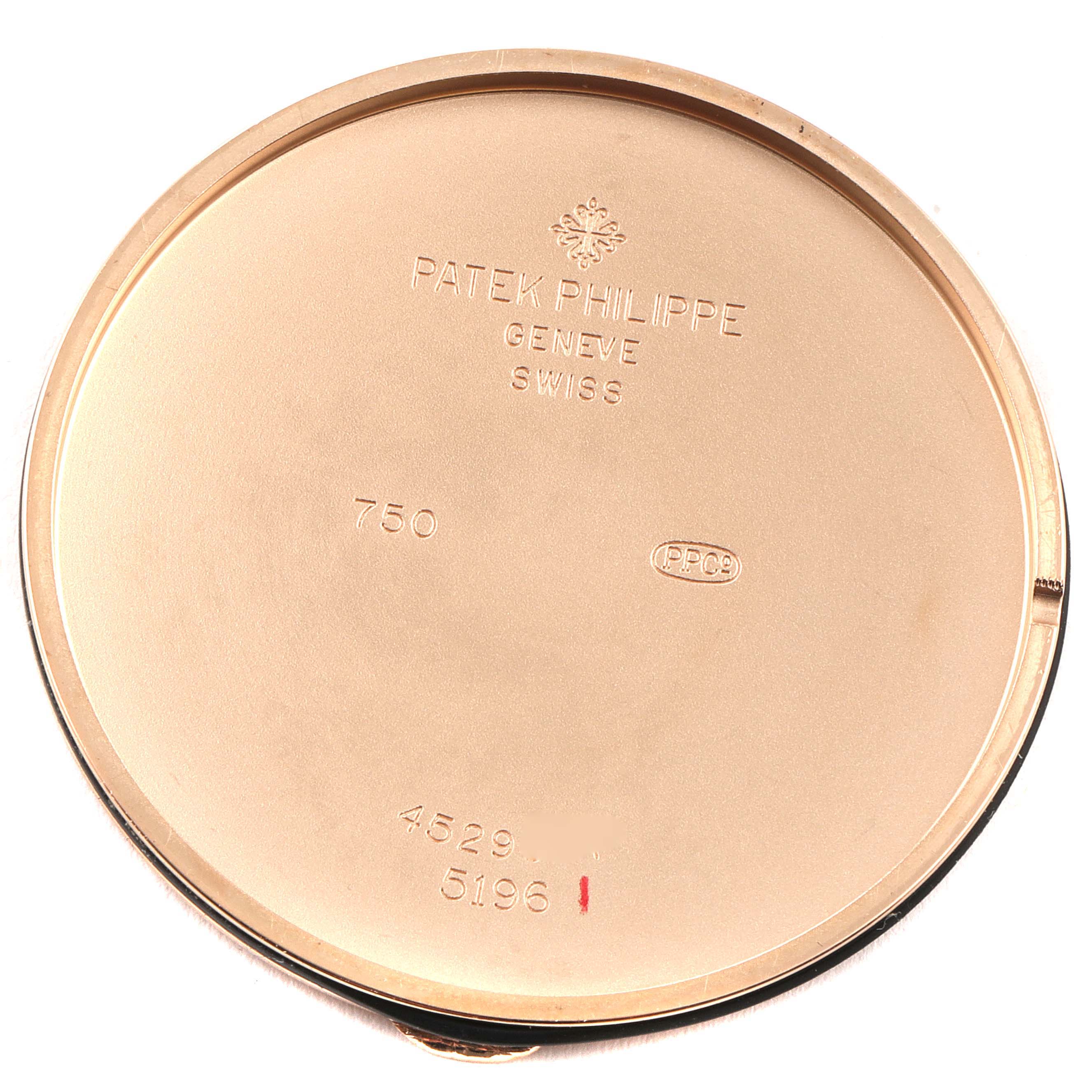 This image shows the inside of the case back of a Patek Philippe Calatrava 5196R Men's Rose Gold Silver Dial 5196R Men's Rose Gold Silver Dial watch.
