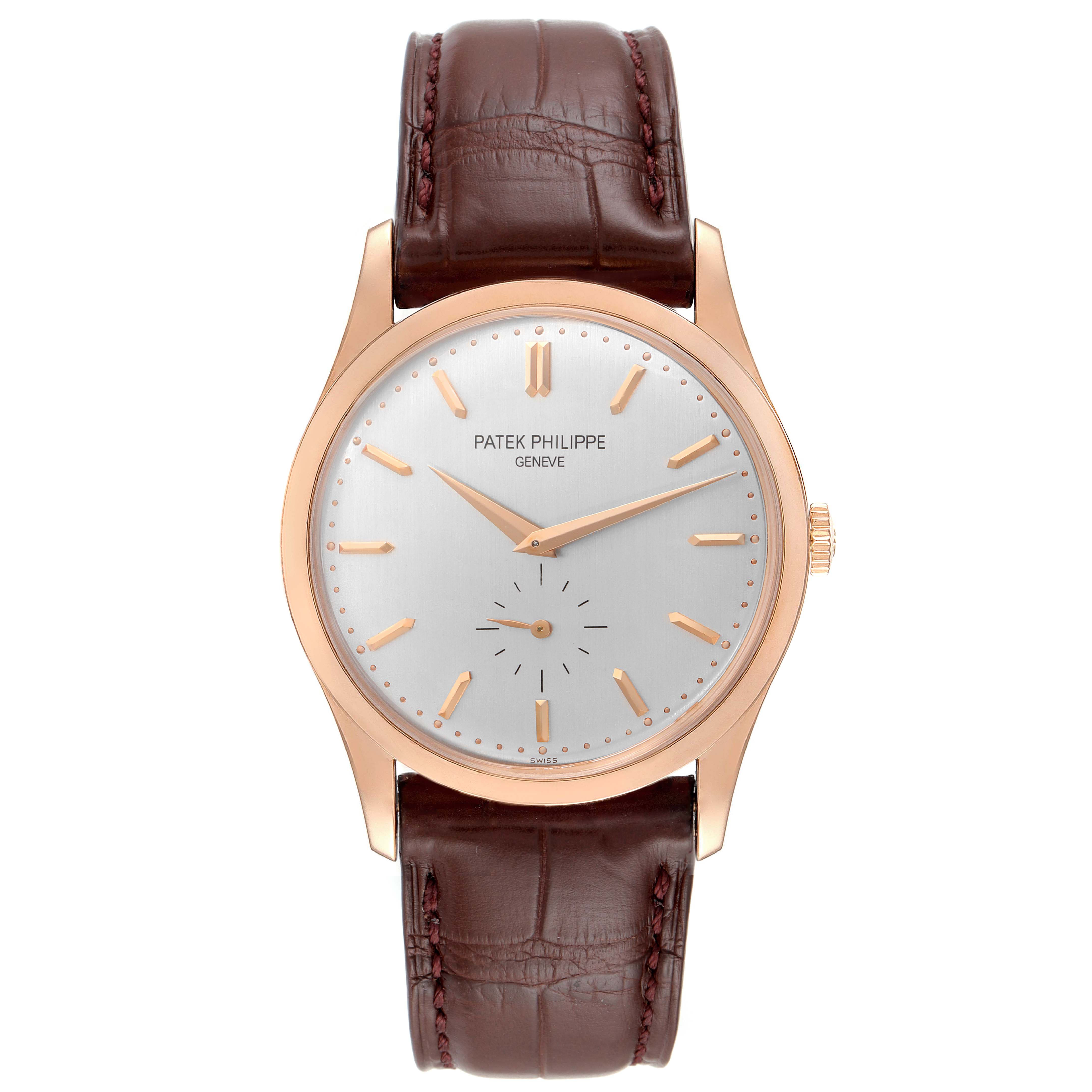 The image shows a front view of the Patek Philippe Calatrava 5196R Men's Rose Gold Silver Dial 5196R Men's Rose Gold Silver Dial watch, highlighting its face, hands, and brown leather strap.
