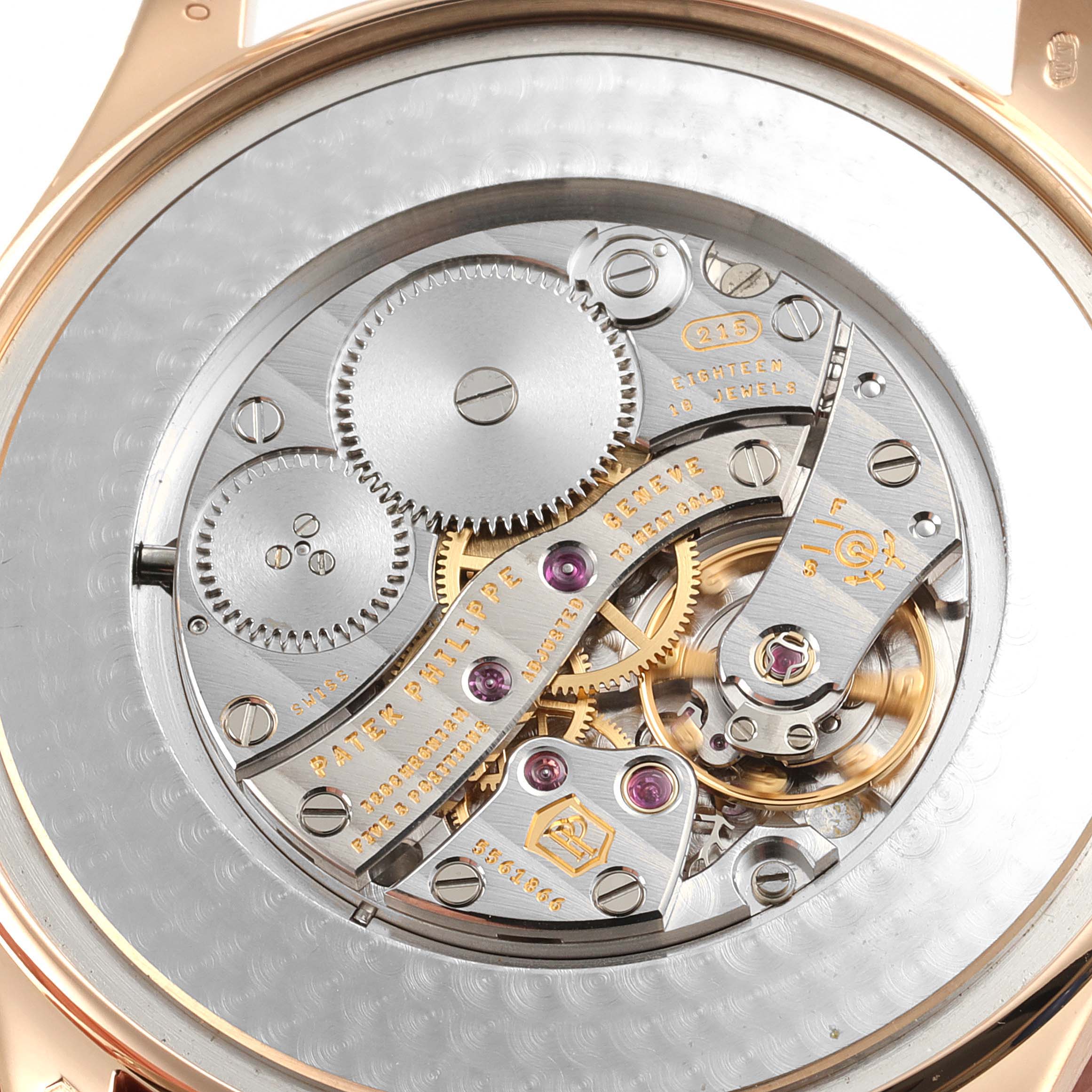This image shows the intricate movement mechanism of a Patek Philippe Calatrava 5196R Men's Rose Gold Silver Dial 5196R Men's Rose Gold Silver Dial watch from a rear angle.
