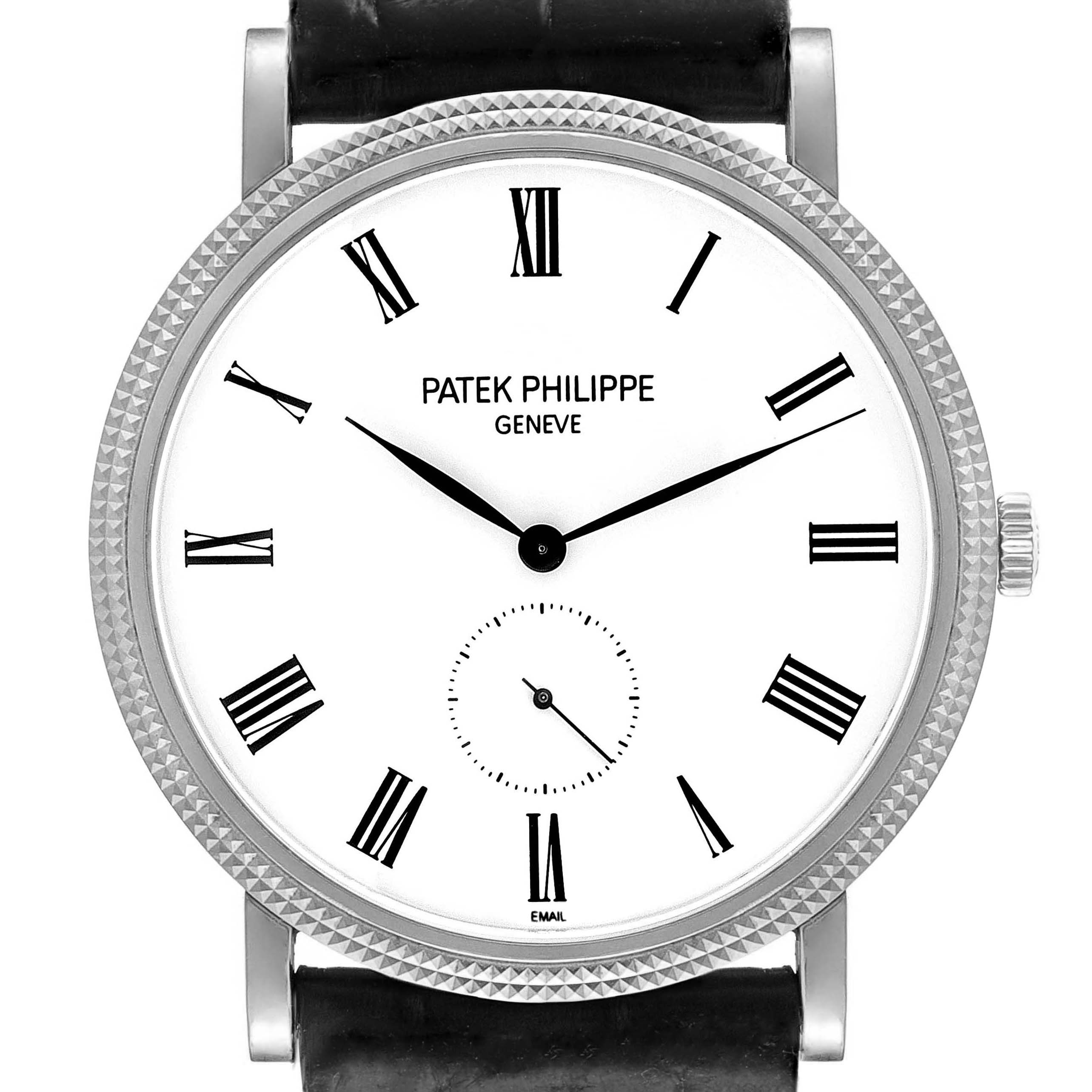 The image shows a front view of a Patek Philippe Calatrava 5119G Men
s White Gold White Dial 5119G Men
s White Gold White Dial watch, displaying its face, bezel, and part of the strap.