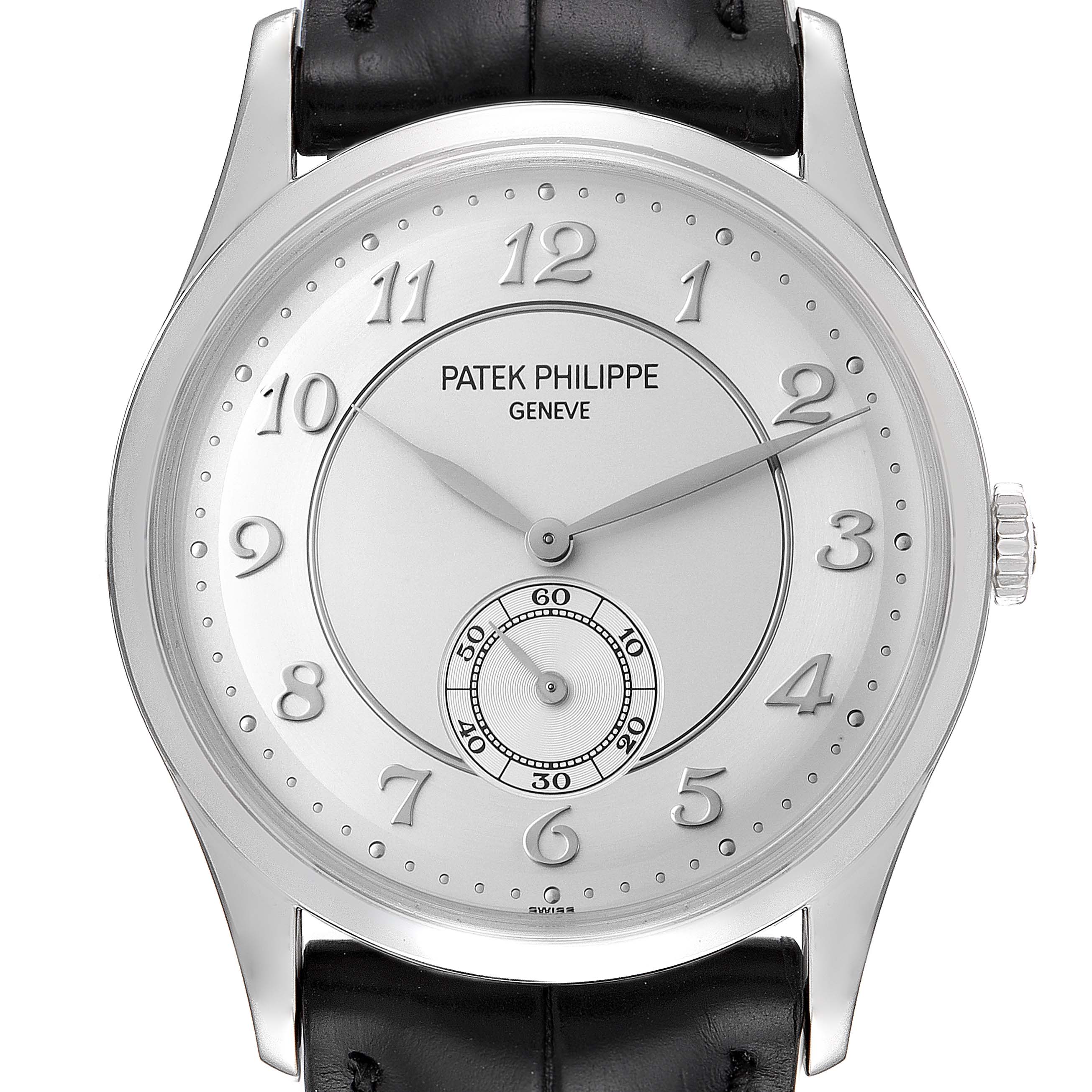 This image shows a front view of a Patek Philippe Calatrava 5196P-001 Men's Platinum Silver Dial 5196P-001 Men's Platinum Silver Dial watch with a silver dial and black leather strap.