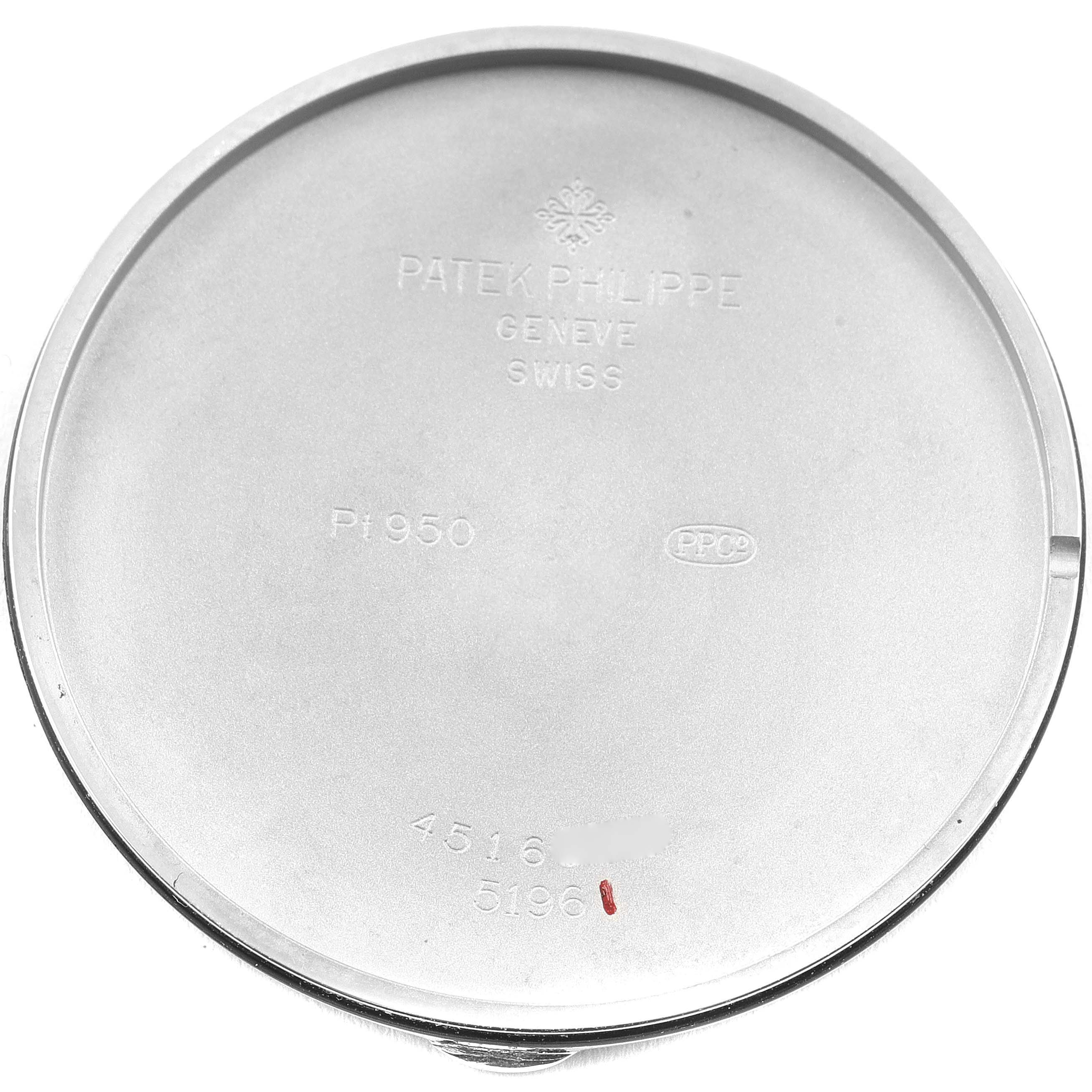 This image shows the inner back cover of a Patek Philippe Calatrava 5196P-001 Men's Platinum Silver Dial 5196P-001 Men's Platinum Silver Dial watch, stamped with model and brand details.