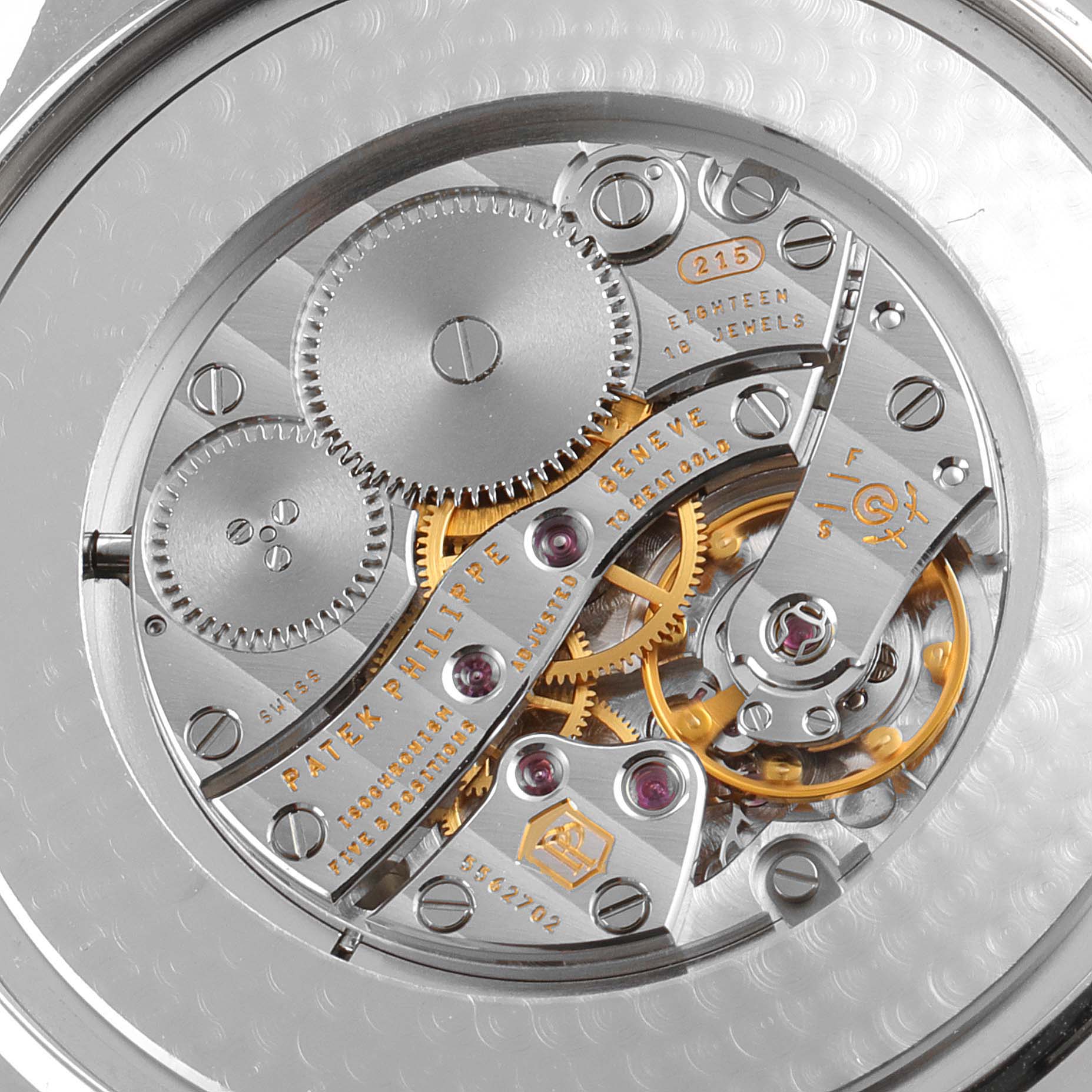 The image shows the intricate back view of the internal movement of a Patek Philippe Calatrava 5196P-001 Men's Platinum Silver Dial 5196P-001 Men's Platinum Silver Dial watch.