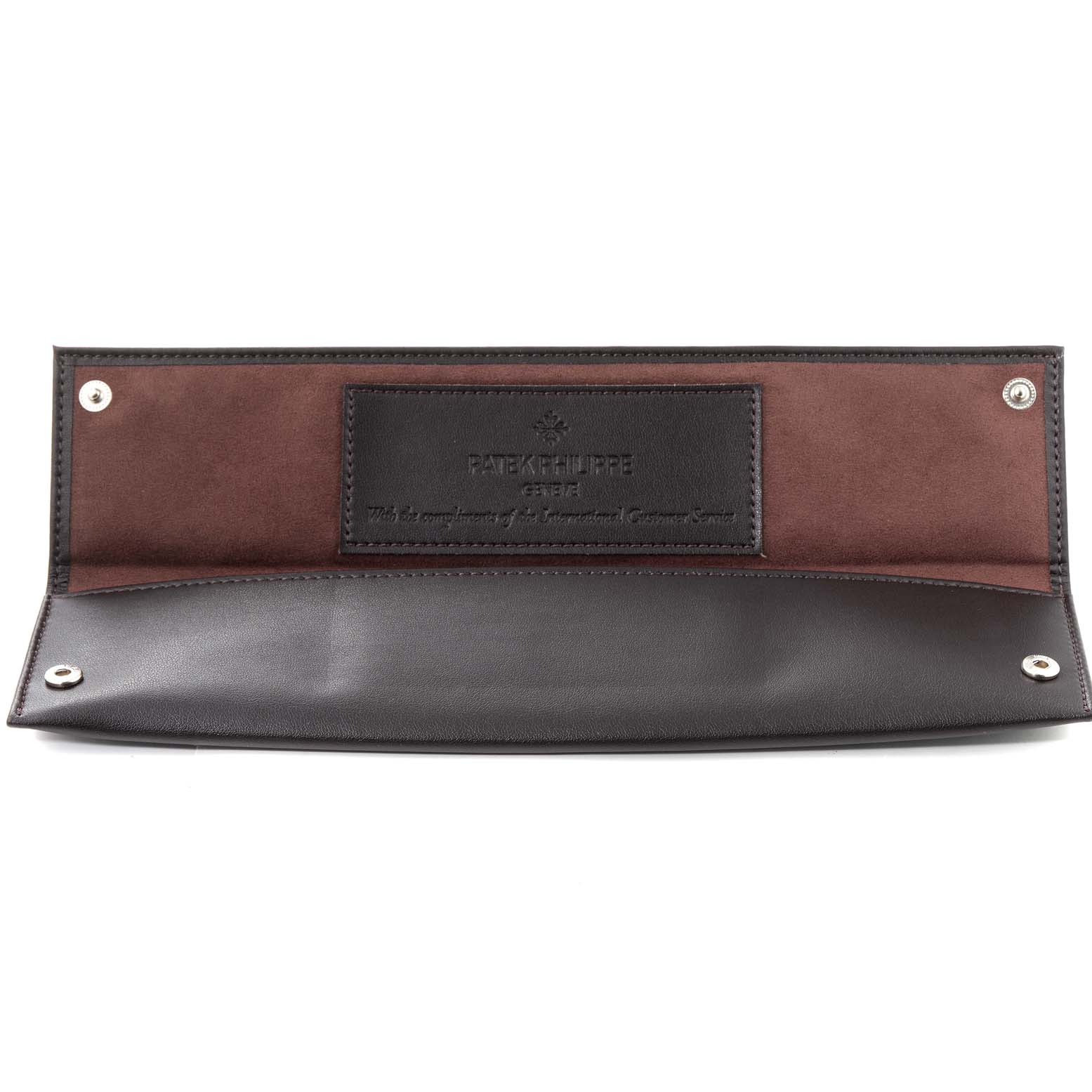 This image shows an open leather watch pouch for the Patek Philippe Calatrava 5196P-001 Men's Platinum Silver Dial 5196P-001 Men's Platinum Silver Dial model, viewed from above.