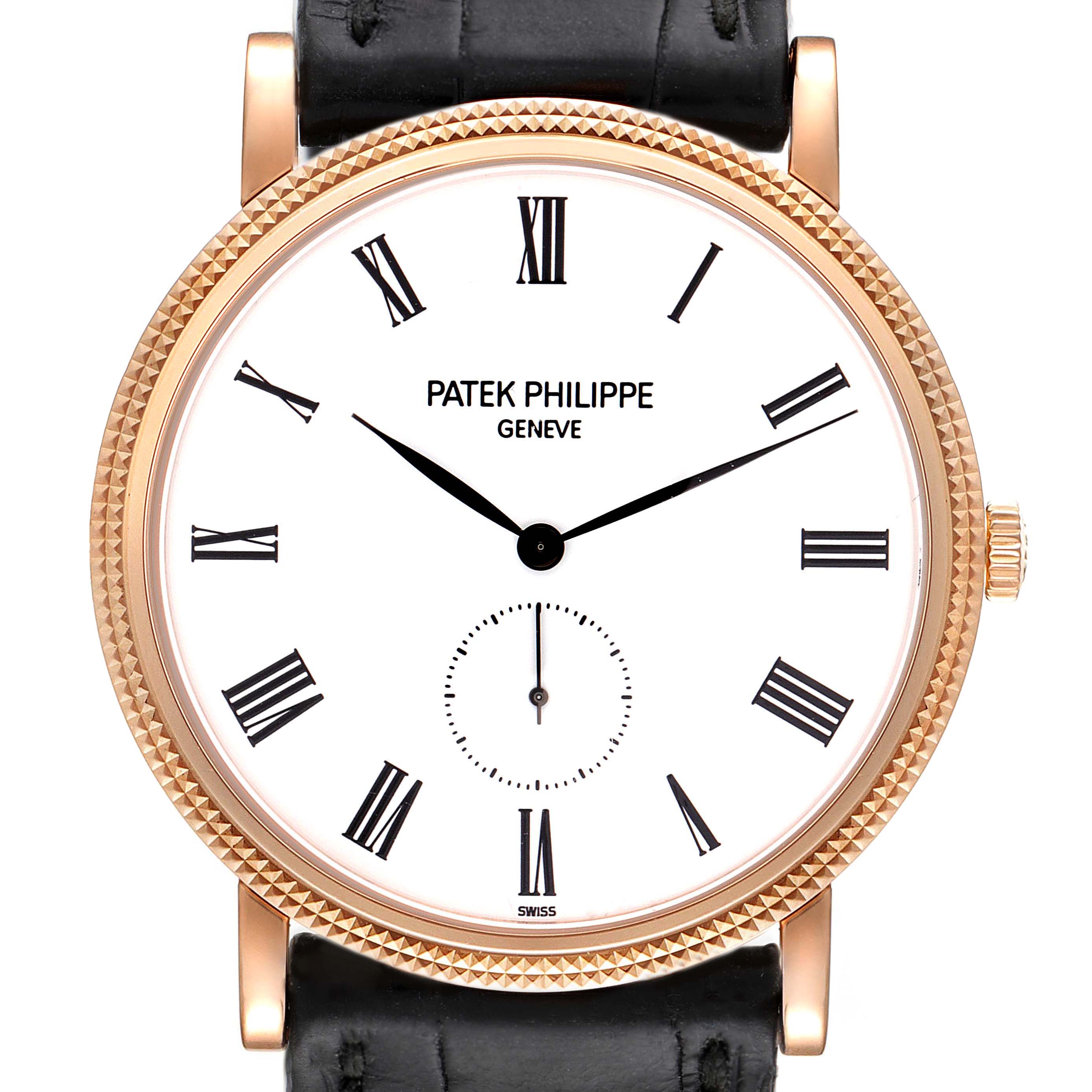 This image showcases a front view of the Patek Philippe Calatrava 5119R Men's Rose Gold White Dial 5119R Men's Rose Gold White Dial watch, highlighting its dial, case, and strap.