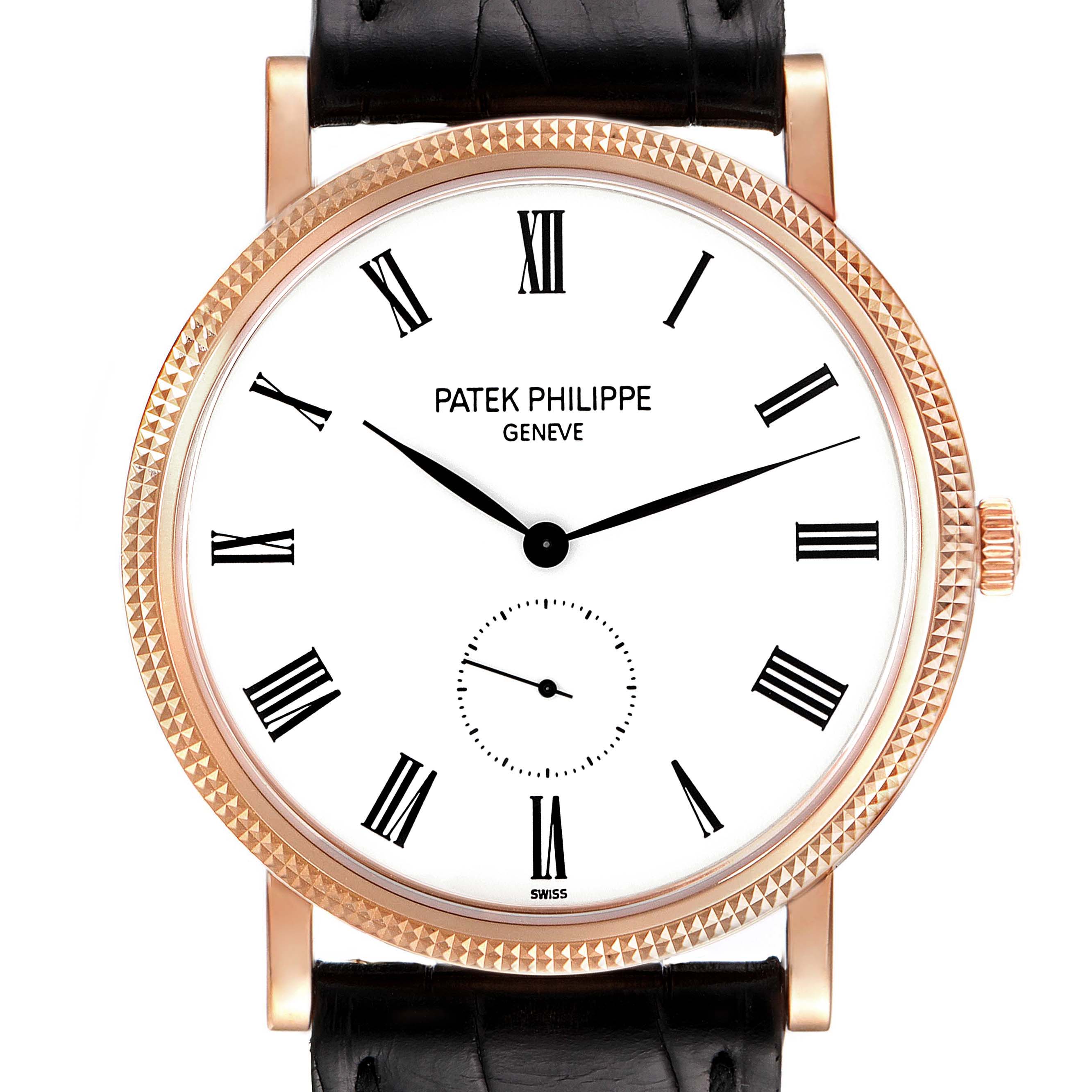 This image shows a front view of a Patek Philippe Calatrava 5119R Men's Rose Gold White Dial 5119R Men's Rose Gold White Dial watch, focusing on the face, bezel, and part of the leather strap.