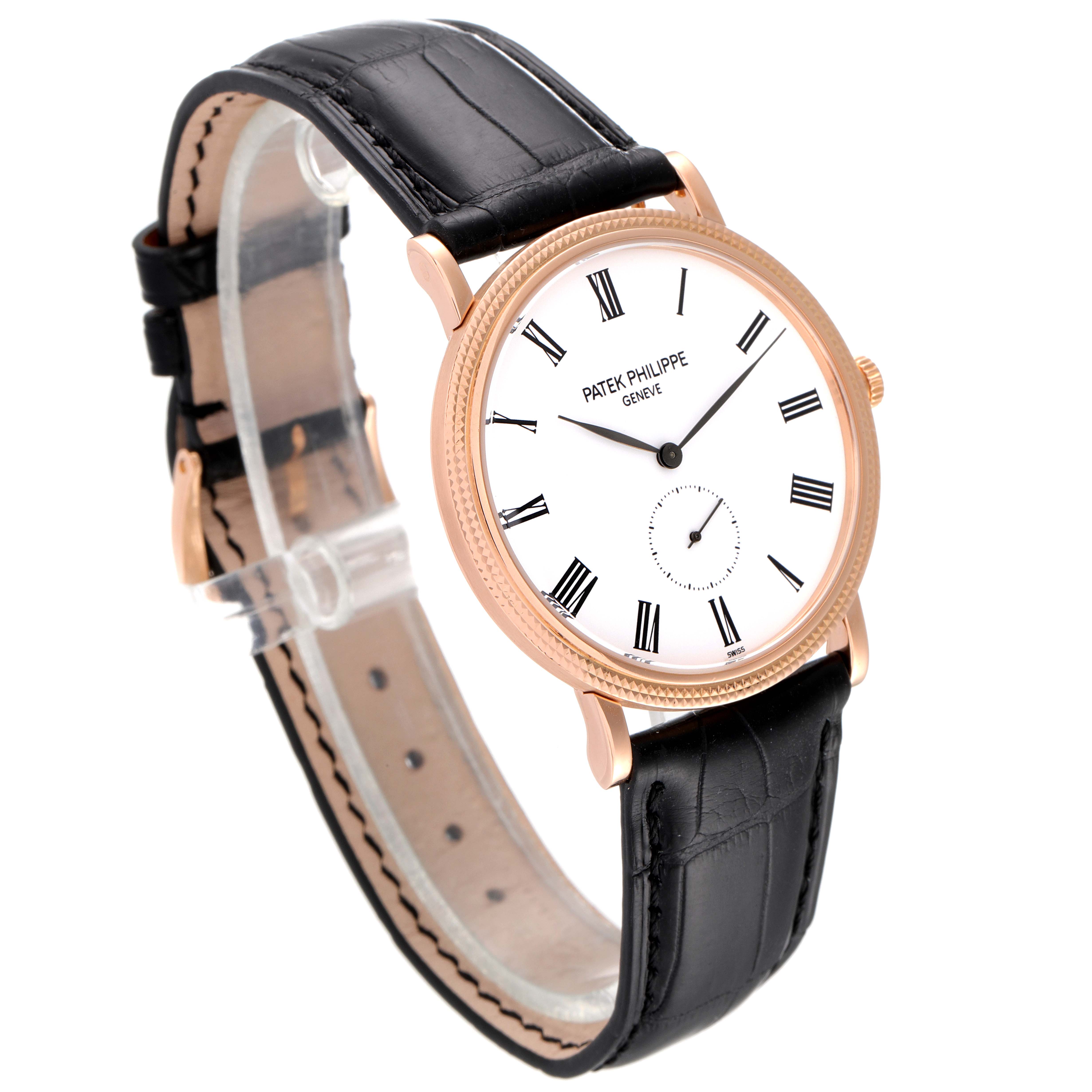 The image shows a Patek Philippe Calatrava 5119R Men's Rose Gold White Dial 5119R Men's Rose Gold White Dial watch at a slight angle, highlighting its round dial, black leather strap, and rose gold case.