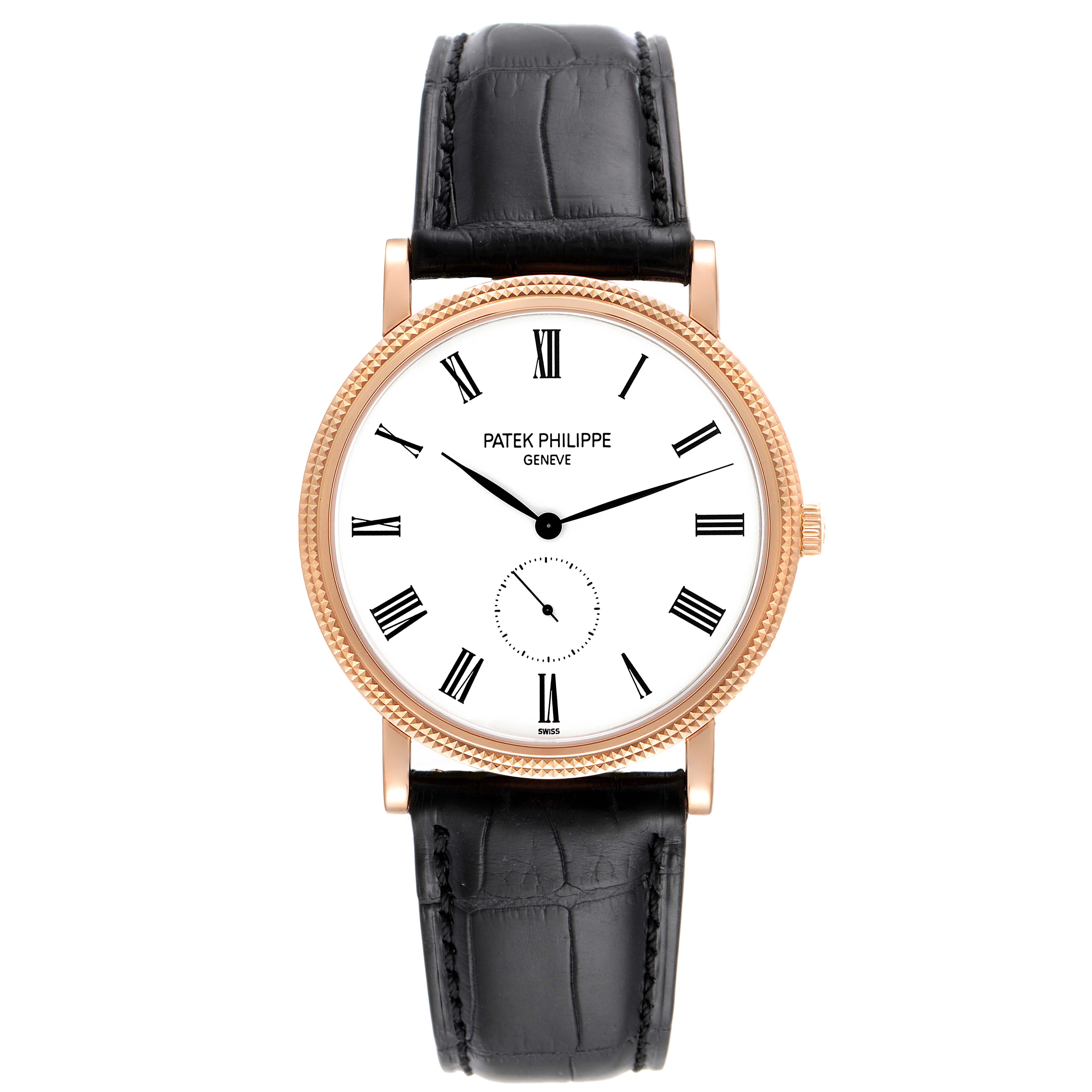A front view of the Patek Philippe Calatrava 5119R Men's Rose Gold White Dial 5119R Men's Rose Gold White Dial watch, showing its black leather strap and minimalist white dial with Roman numerals.