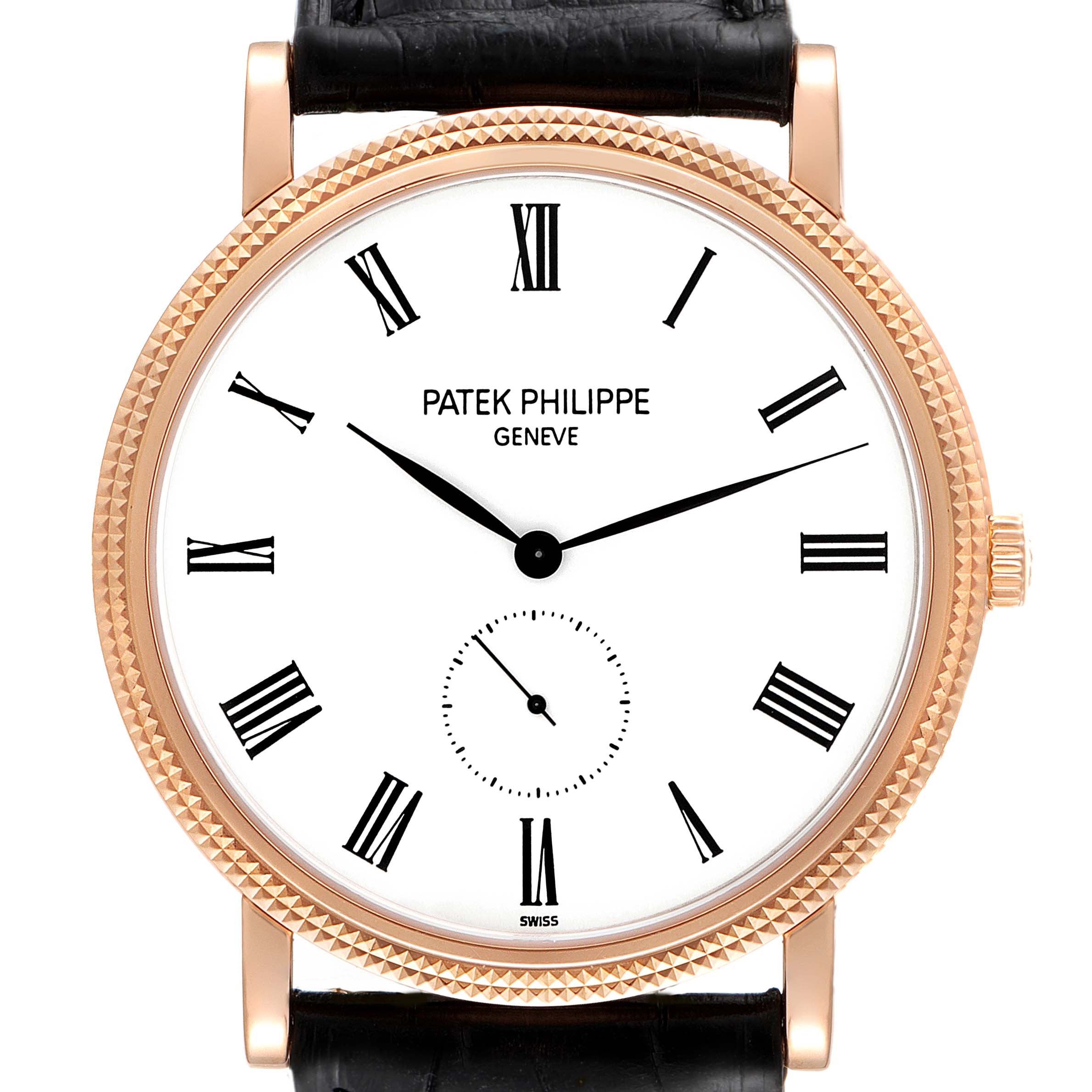The image shows a frontal view of the Patek Philippe Calatrava 5119R Men's Rose Gold White Dial 5119R Men's Rose Gold White Dial watch, featuring its face, bezel, and part of its strap.