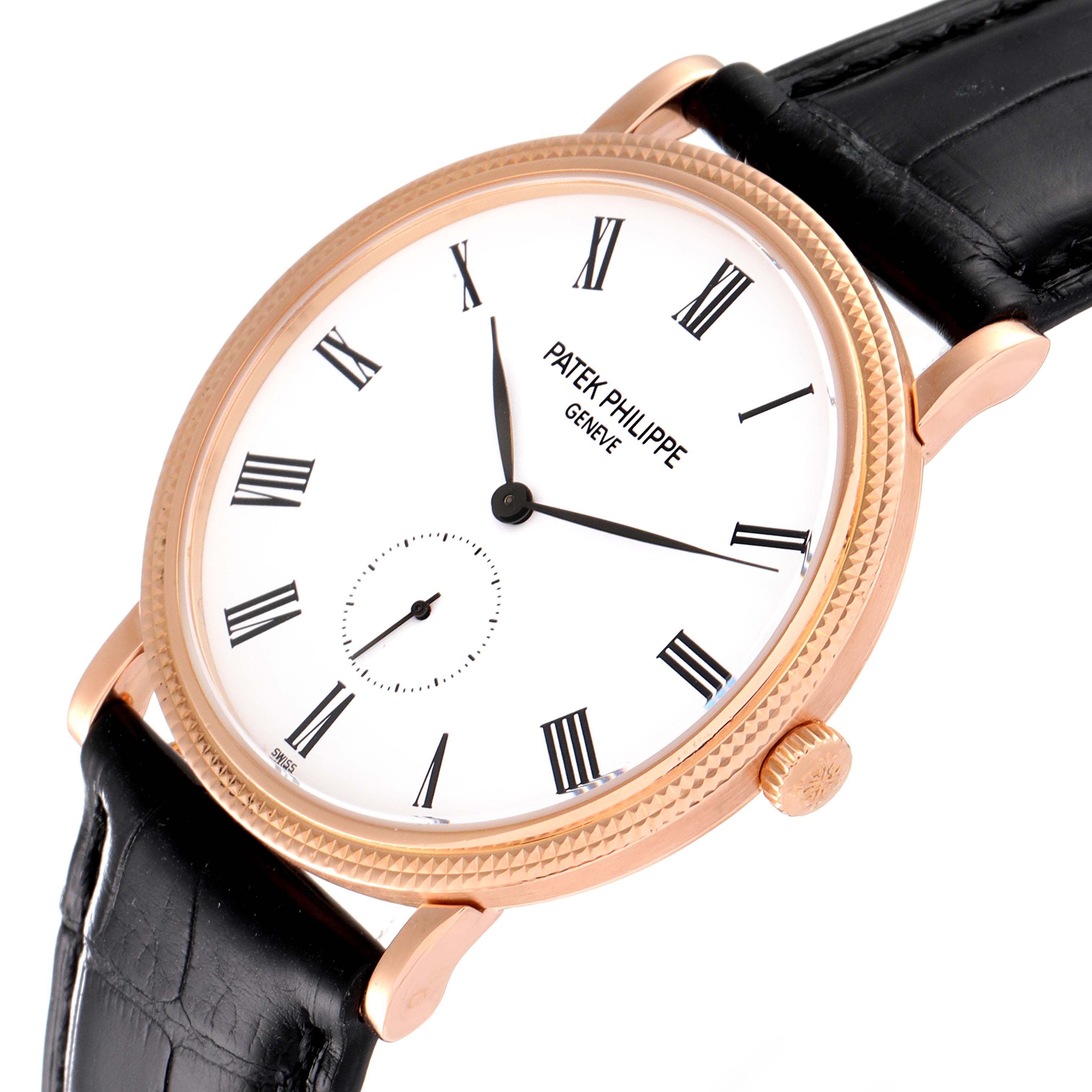 The image shows a Patek Philippe Calatrava 5119R Men's Rose Gold White Dial 5119R Men's Rose Gold White Dial watch from an angled front view, displaying its face, case, crown, and strap attachments.