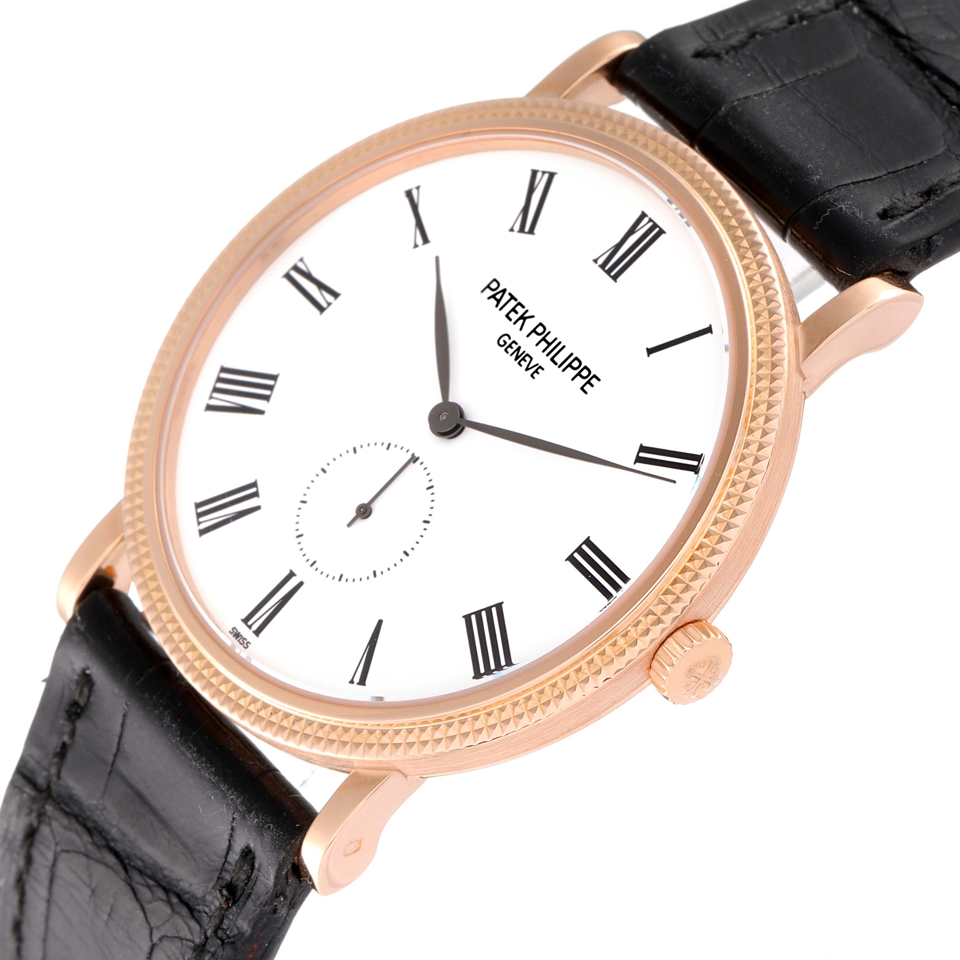 The image shows a close-up angle of the Patek Philippe Calatrava 5119R Men's Rose Gold White Dial 5119R Men's Rose Gold White Dial watch, highlighting its dial, bezel, and black leather strap.