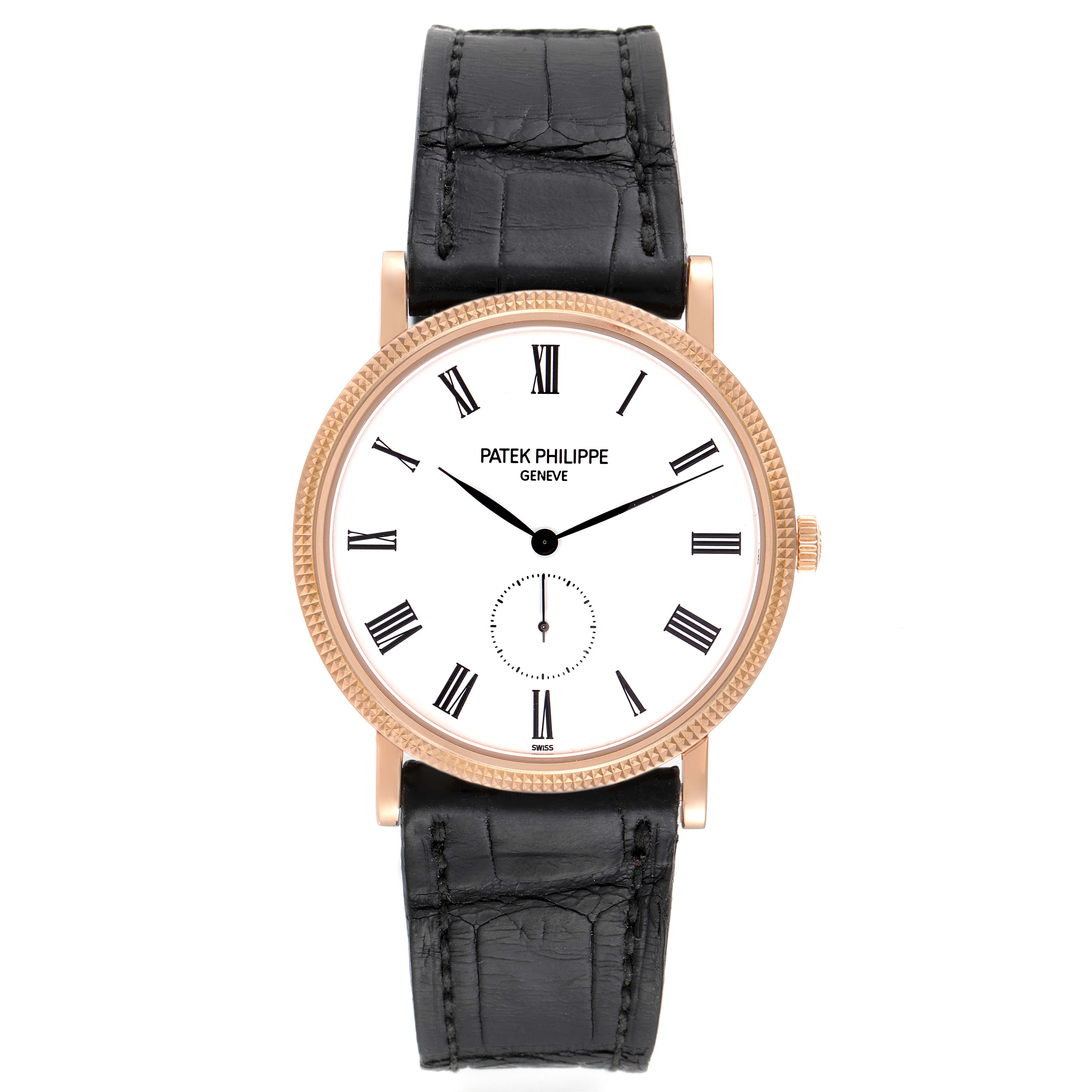 This is a front view of the Patek Philippe Calatrava 5119R Men's Rose Gold White Dial 5119R Men's Rose Gold White Dial watch showing its dial, hands, bezel, and leather strap.
