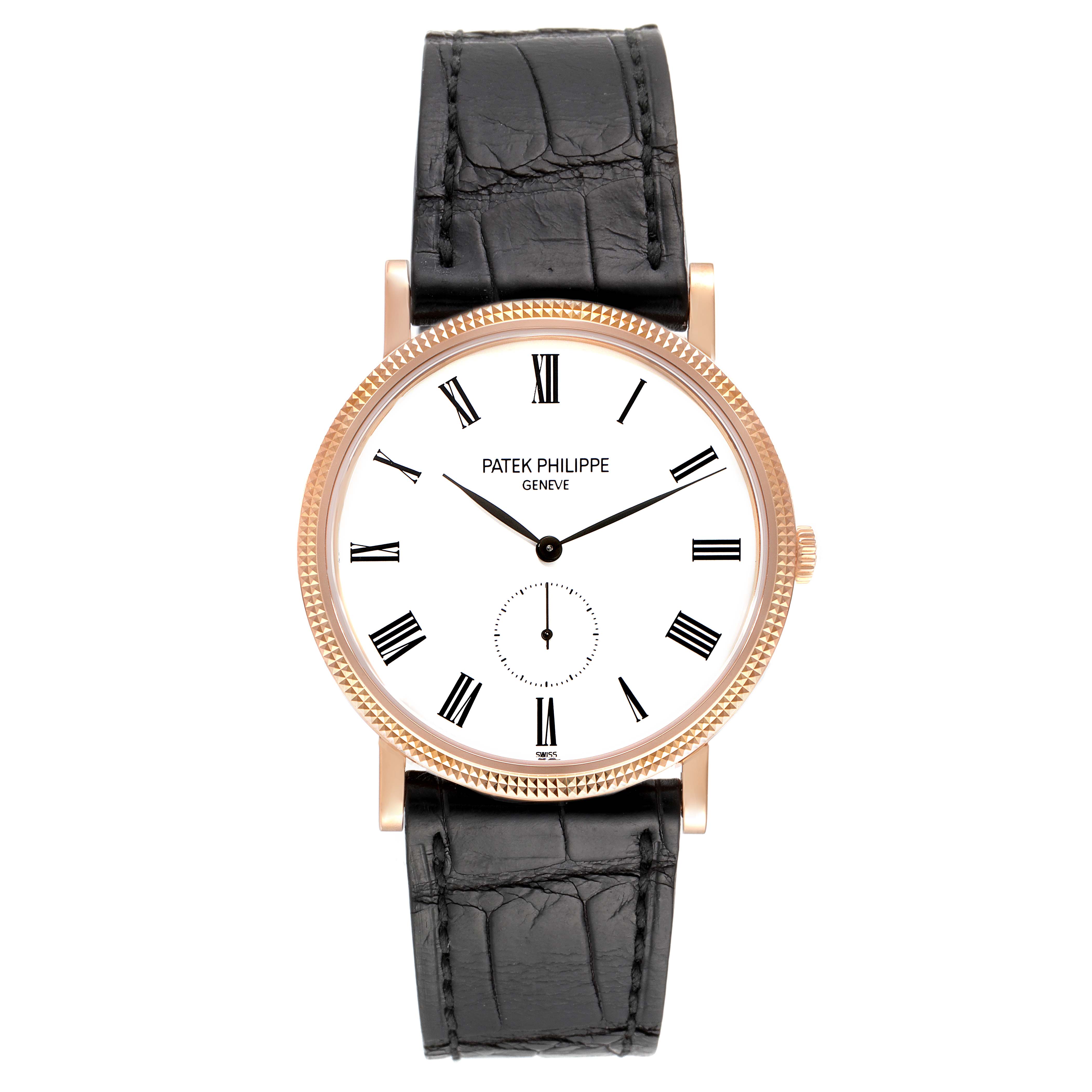 The image shows a front view of a Patek Philippe Calatrava 5119R Men's Rose Gold White Dial 5119R Men's Rose Gold White Dial watch with a white dial and black leather strap.