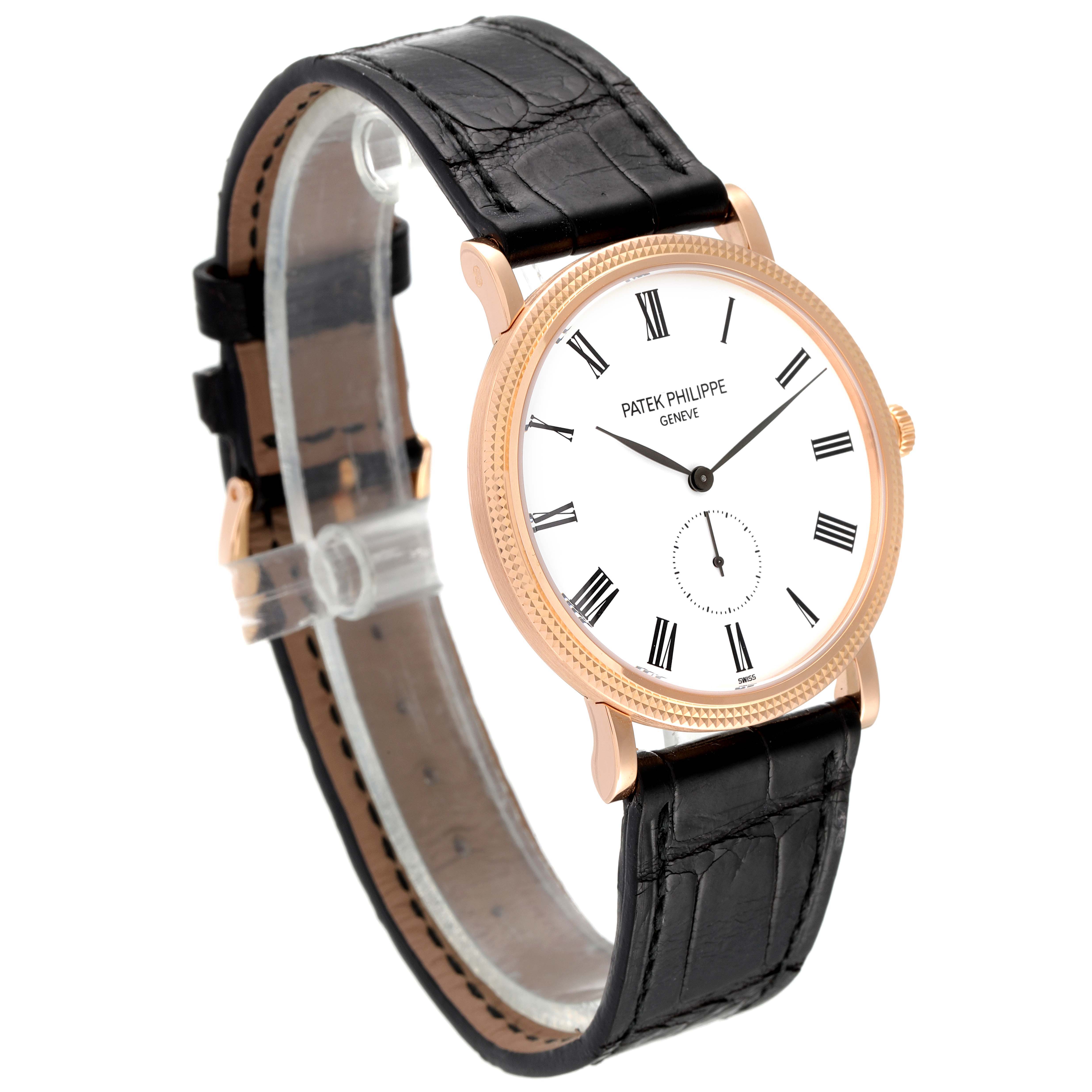 The image shows a Patek Philippe Calatrava 5119R Men's Rose Gold White Dial 5119R Men's Rose Gold White Dial watch at a slight front-facing angle, highlighting the face, bezel, and black leather strap.