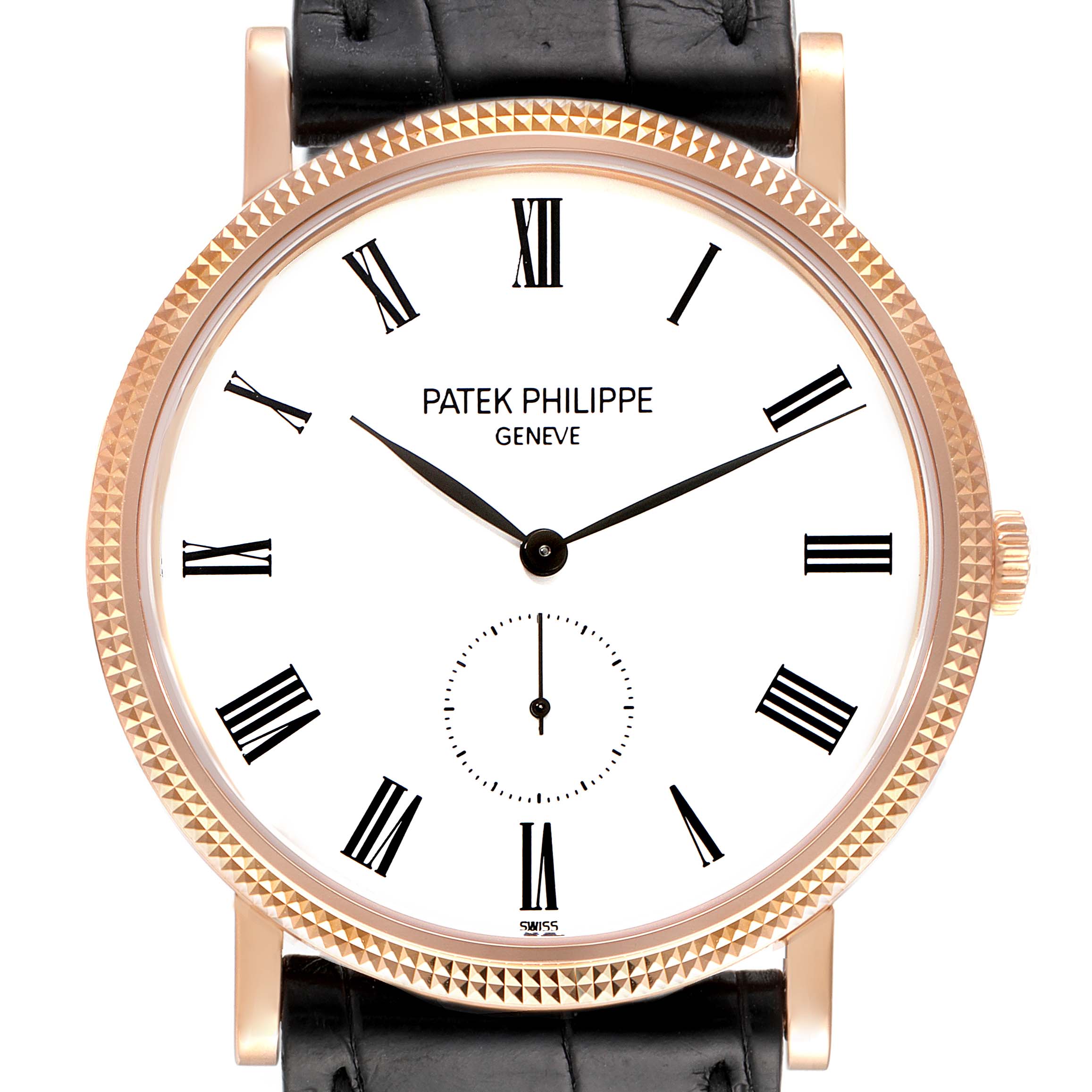 This is a front view of the Patek Philippe Calatrava 5119R Men's Rose Gold White Dial 5119R Men's Rose Gold White Dial watch showing the face, bezel, and part of the leather strap.