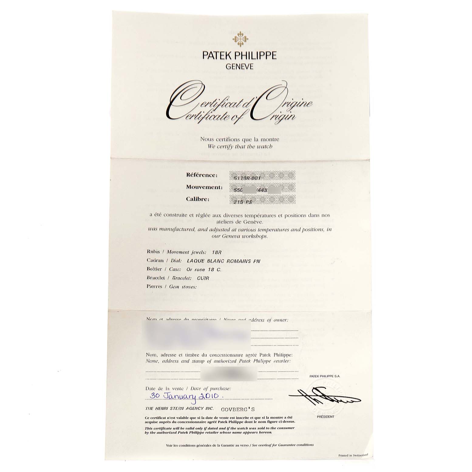 This image shows the original certificate of a Patek Philippe Calatrava 5119R Men's Rose Gold White Dial 5119R Men's Rose Gold White Dial watch.