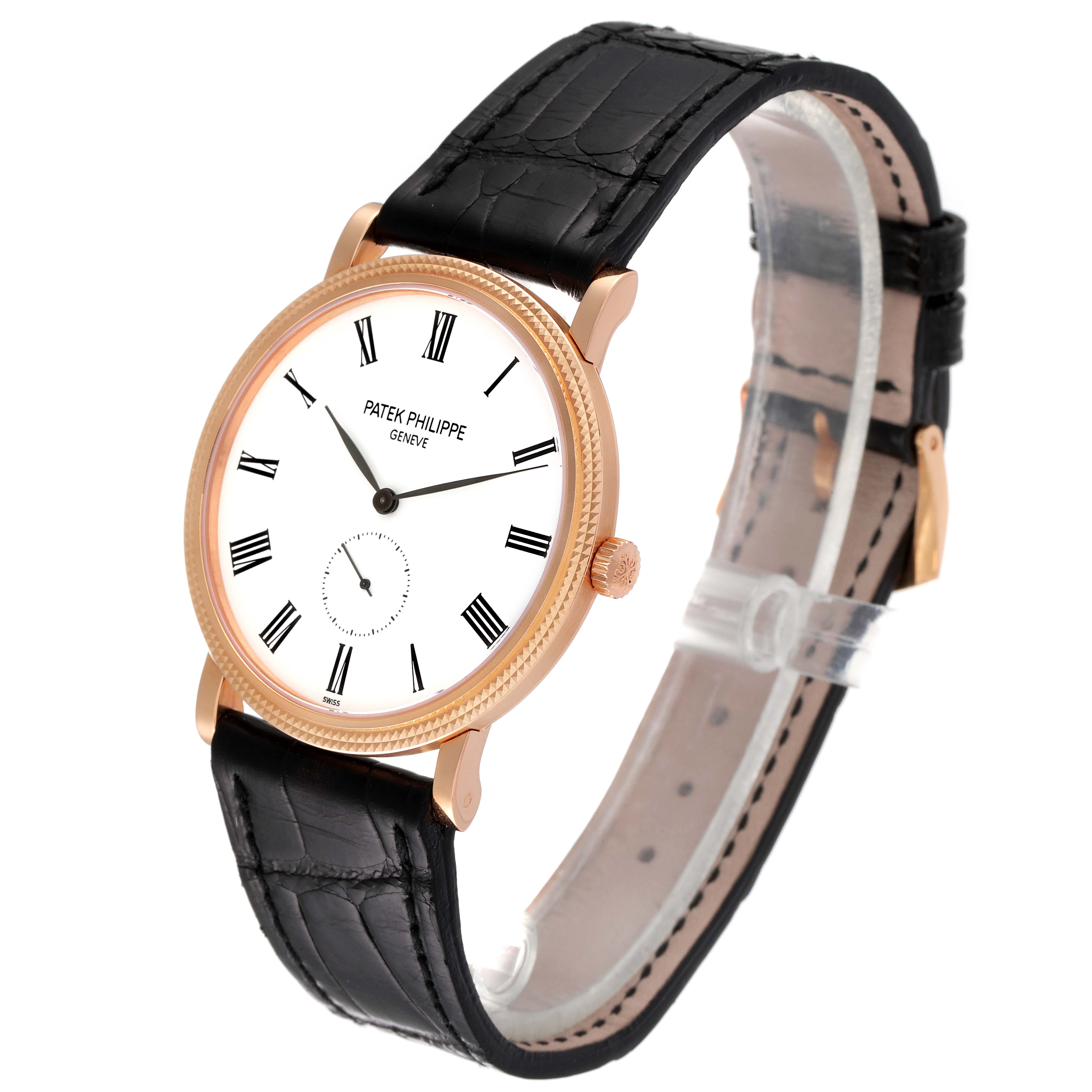 The image shows a side-angle view of a Patek Philippe Calatrava 5119R Men's Rose Gold White Dial 5119R Men's Rose Gold White Dial watch, featuring its dial, bezel, crown, and leather strap.