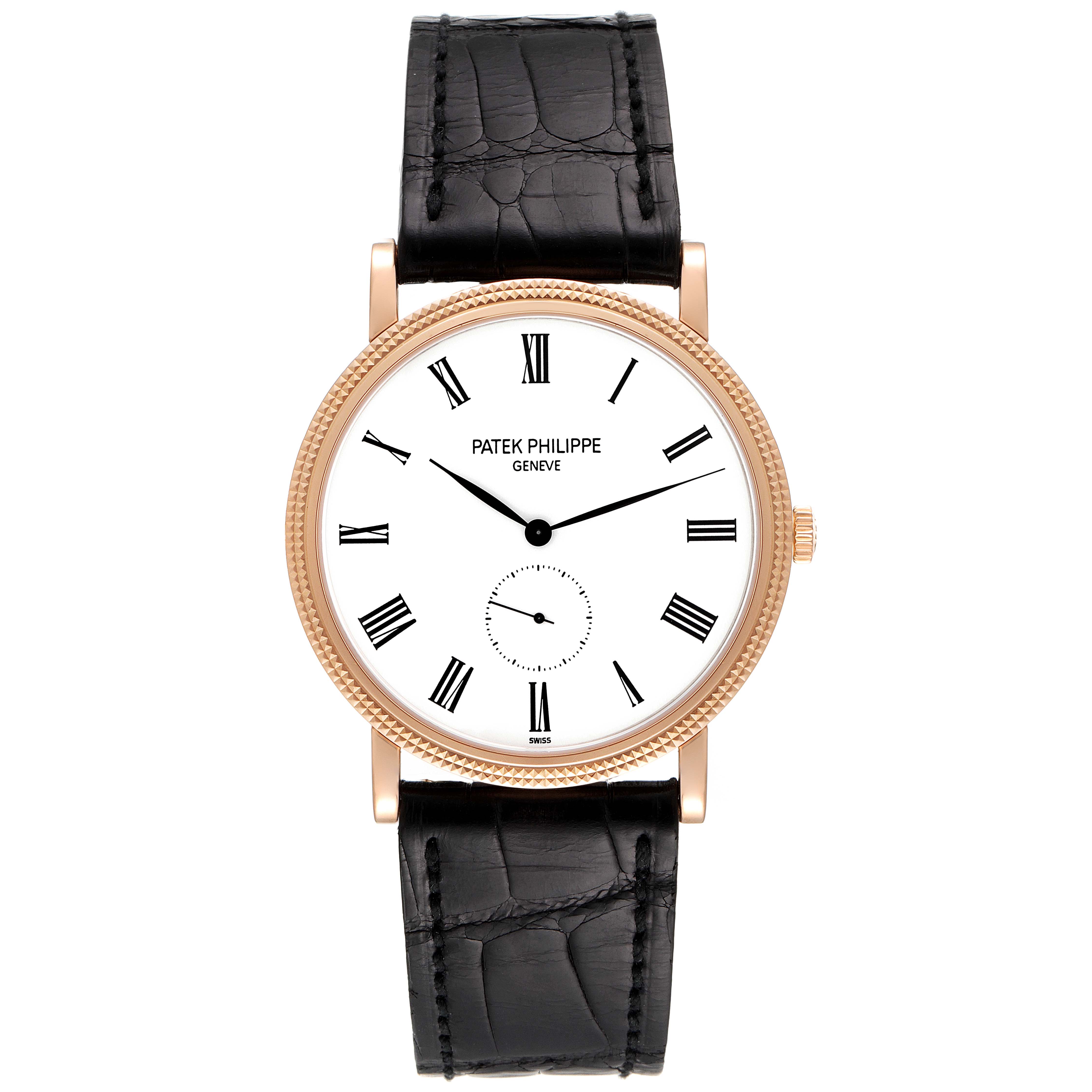 The Patek Philippe Calatrava 5119R Men's Rose Gold White Dial 5119R Men's Rose Gold White Dial watch is shown from the front, displaying the face, bezel, and leather strap.