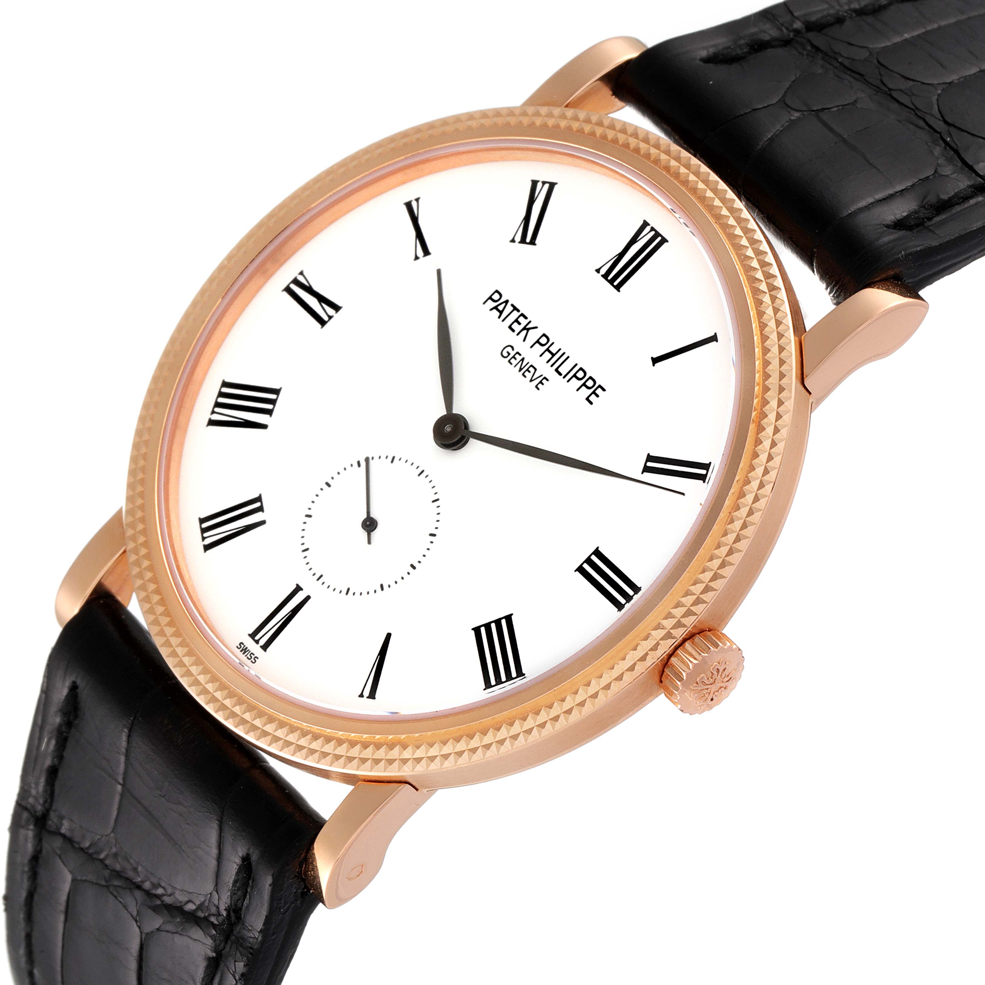 This Patek Philippe Calatrava 5119R Men's Rose Gold White Dial 5119R Men's Rose Gold White Dial watch is shown at a slight angle, highlighting its face, bezel, crown, and leather strap.
