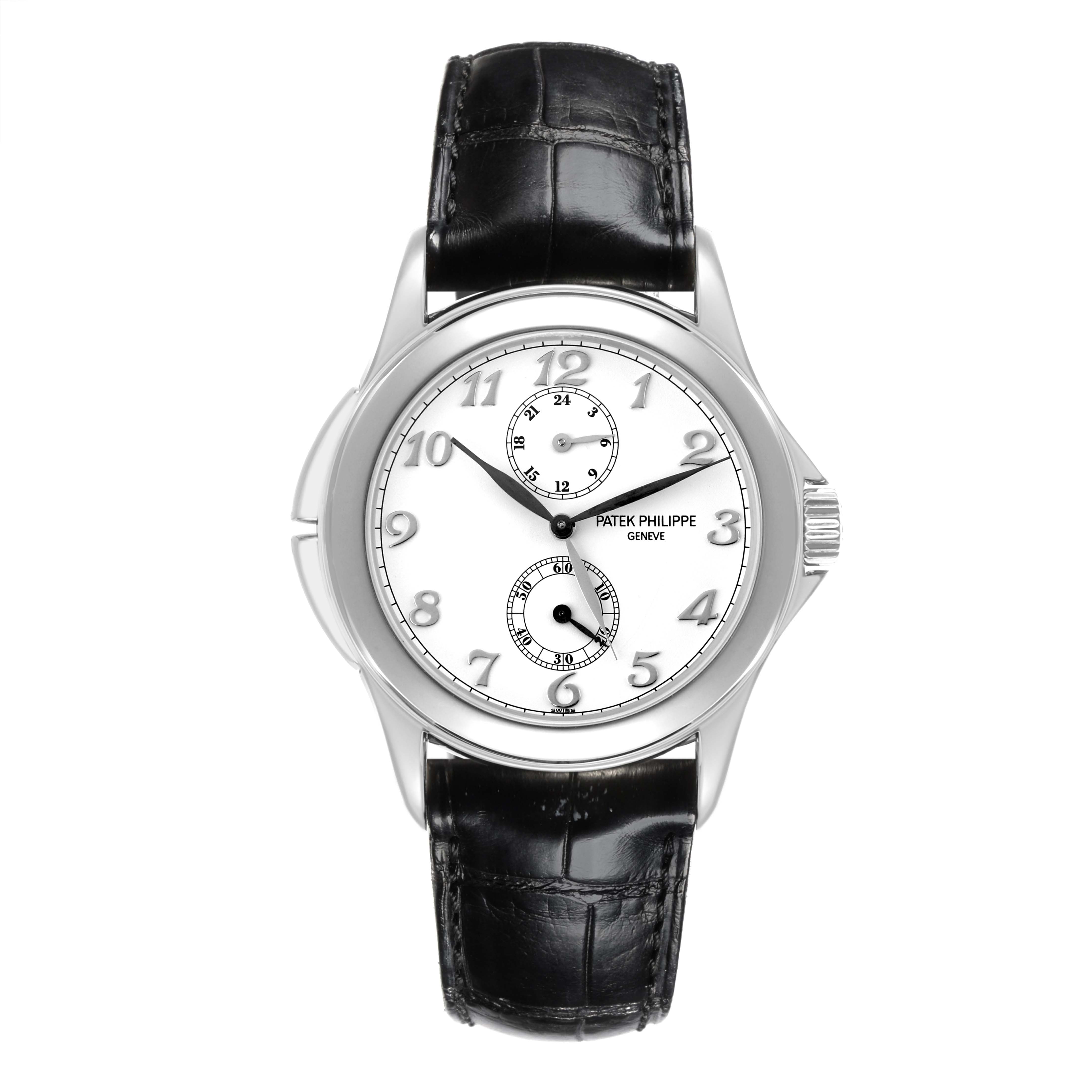 The image shows a front view of the Patek Philippe Calatrava 5134G Men's White Gold White Dial 5134G Men's White Gold White Dial watch, highlighting its face, case, and leather strap.