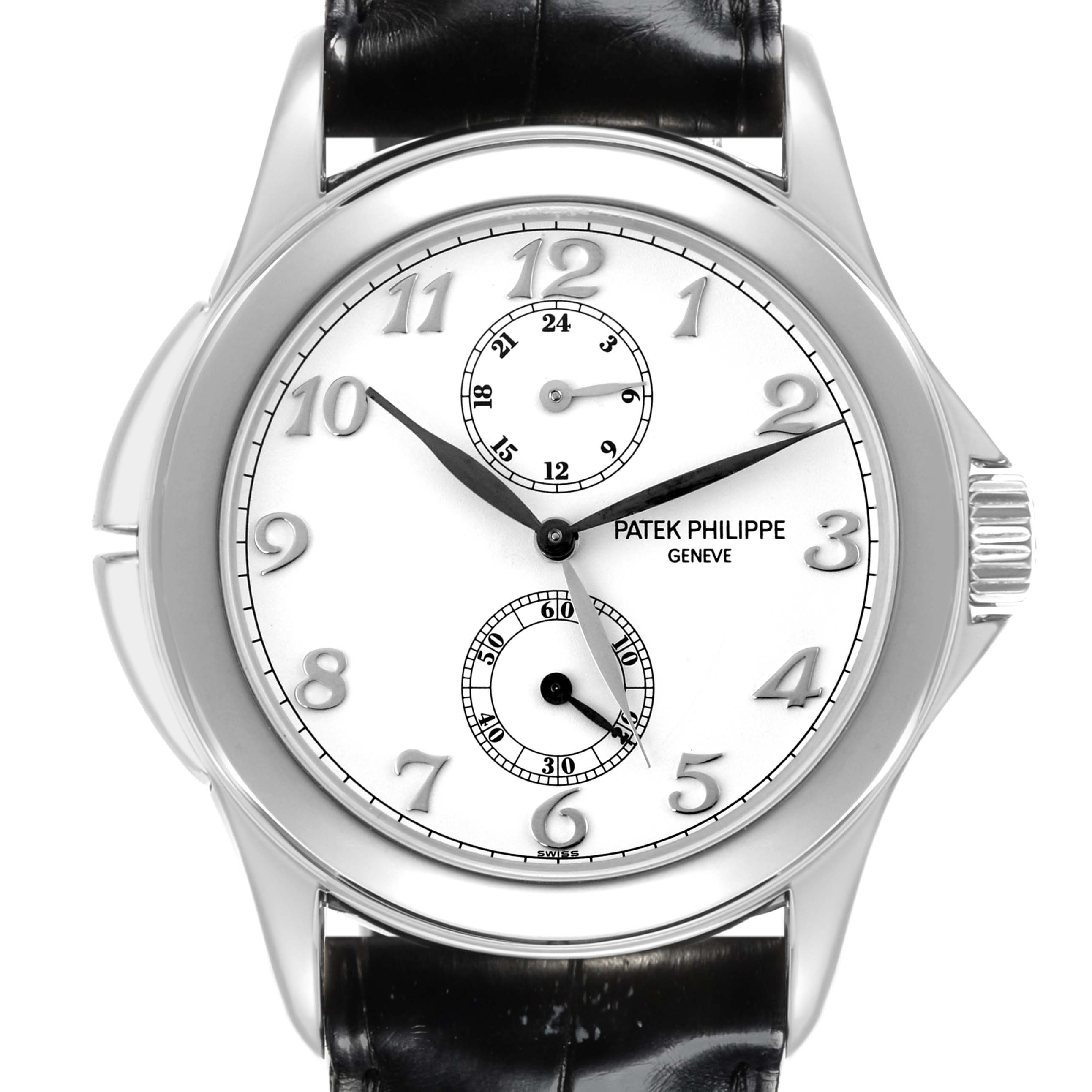 The image shows a frontal view of a Patek Philippe Calatrava 5134G Men's White Gold White Dial 5134G Men's White Gold White Dial watch, highlighting its dial and leather strap.