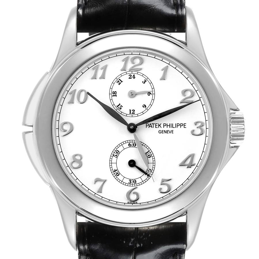 The image shows a frontal view of a Patek Philippe Calatrava watch, highlighting its dial and leather strap.