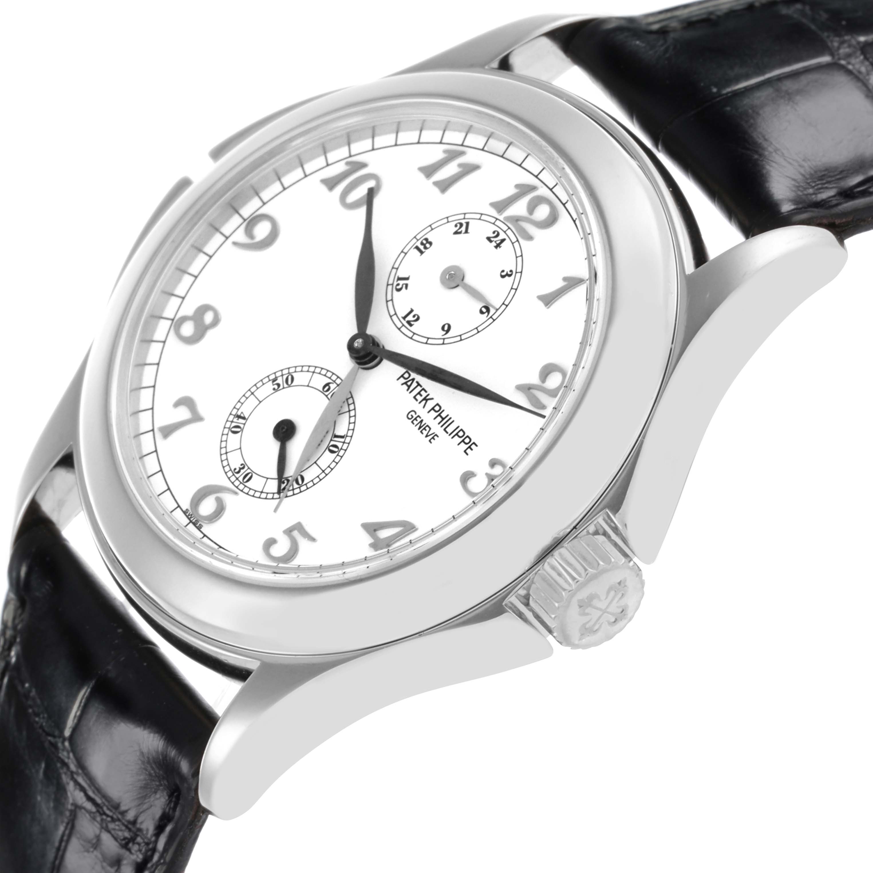 The Patek Philippe Calatrava 5134G Men's White Gold White Dial 5134G Men's White Gold White Dial watch is shown at a side angle, highlighting the dial, numerals, subdials, and crown.