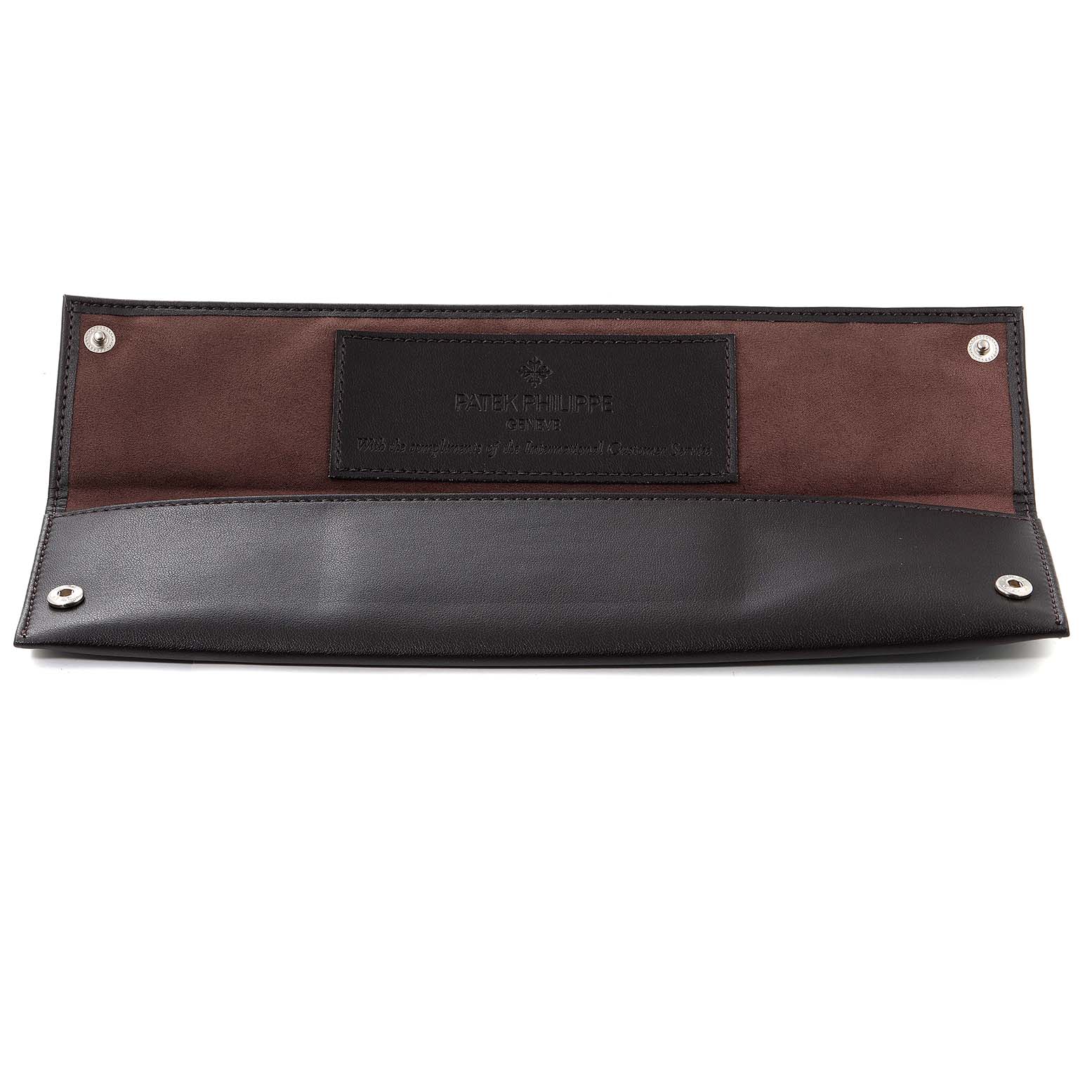 This image shows an unfolded leather carrying case for a Patek Philippe Calatrava 5119J Men's Yellow Gold White Dial 5119J Men's Yellow Gold White Dial watch.