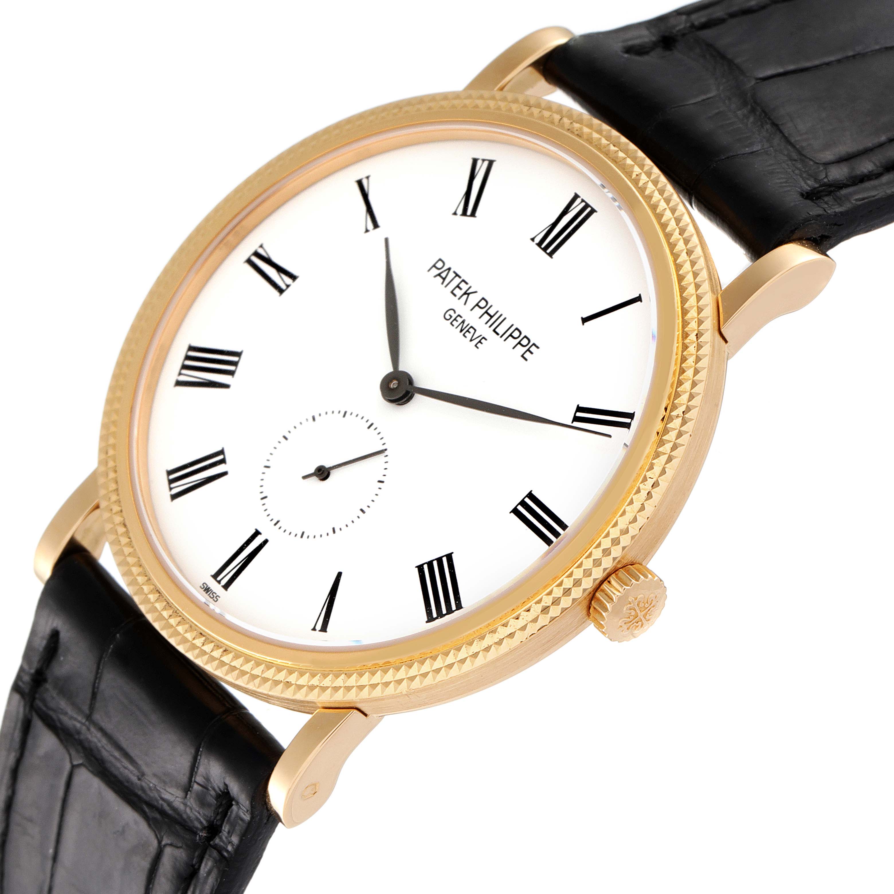 The image shows a Patek Philippe Calatrava 5119J Men's Yellow Gold White Dial 5119J Men's Yellow Gold White Dial watch at a slightly tilted angle, highlighting its face, crown, and strap.