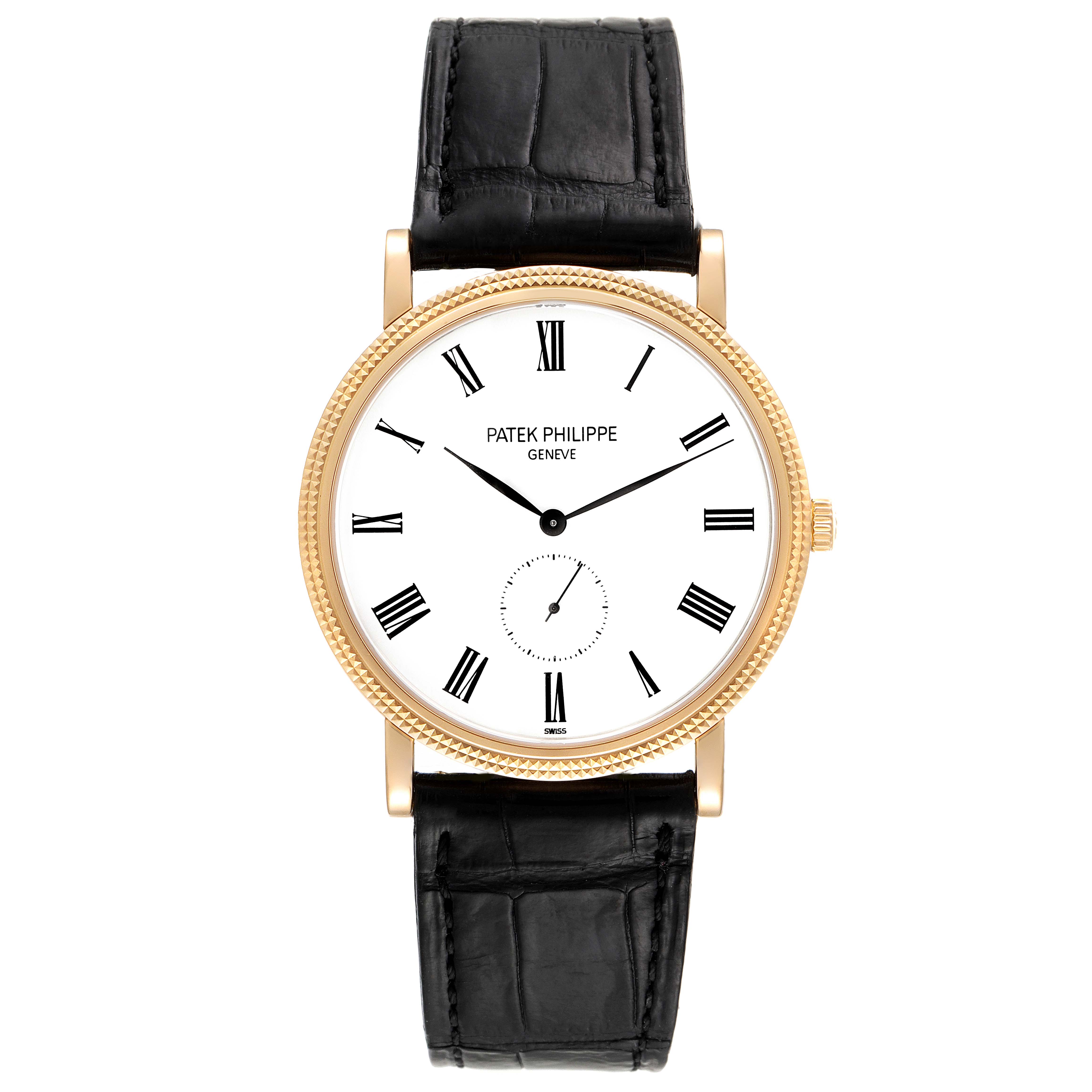 The image shows a front view of a Patek Philippe Calatrava 5119J Men's Yellow Gold White Dial 5119J Men's Yellow Gold White Dial watch with a gold case and black leather strap.