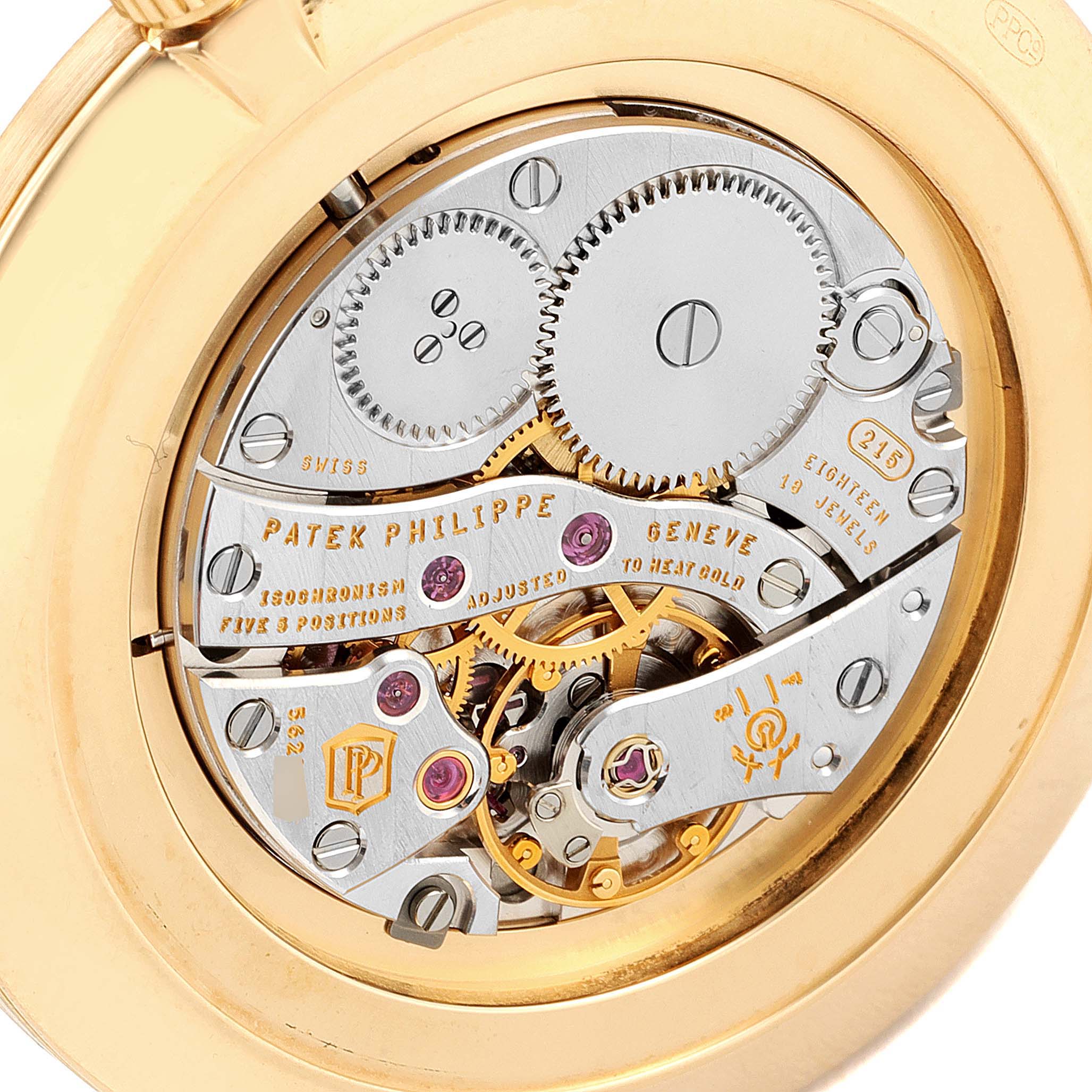 This image shows the intricate movement and inner mechanics of a Patek Philippe Calatrava 5119J Men's Yellow Gold White Dial 5119J Men's Yellow Gold White Dial watch from the back.