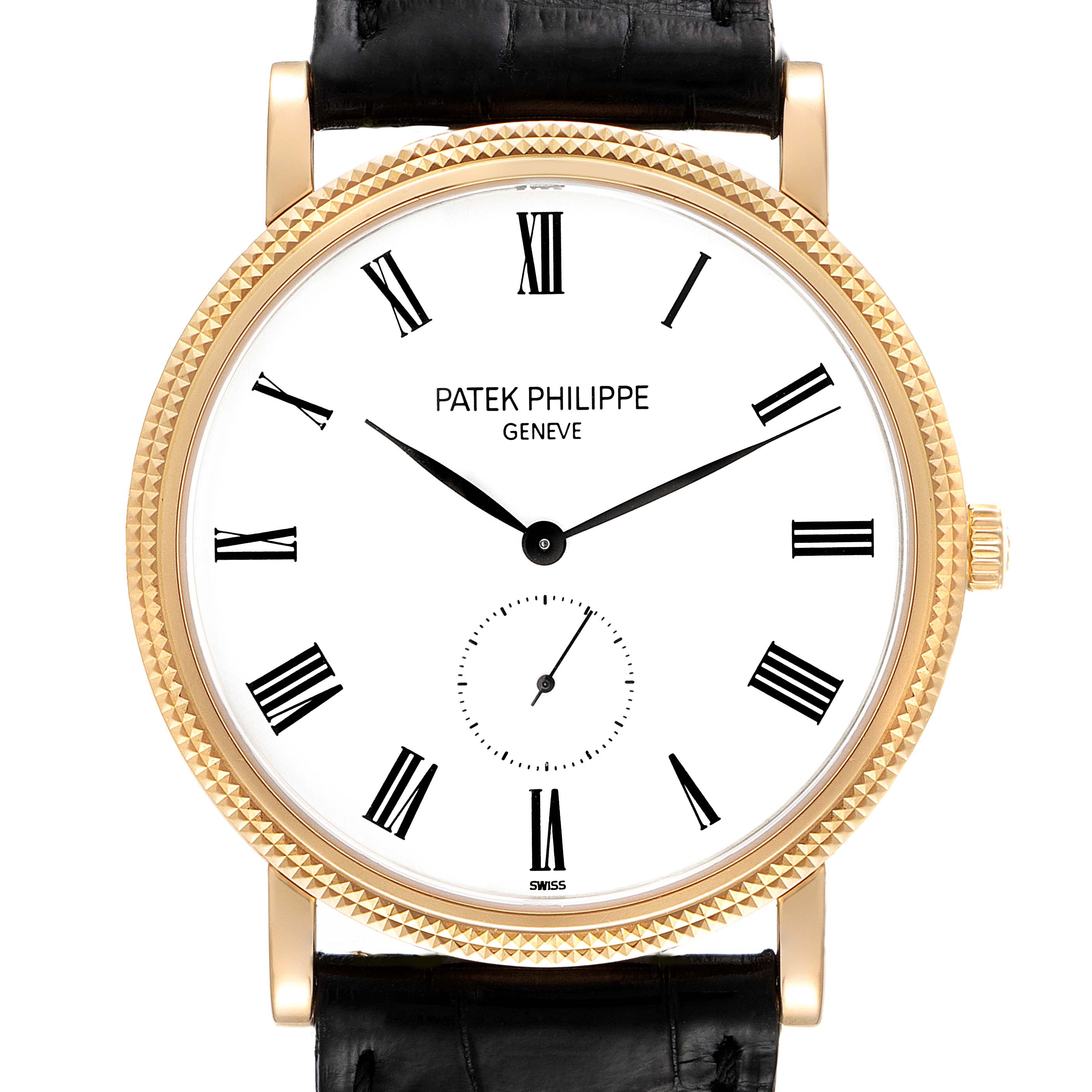 The image shows a frontal view of a Patek Philippe Calatrava 5119J Men's Yellow Gold White Dial 5119J Men's Yellow Gold White Dial watch, highlighting its dial, Roman numerals, and leather strap.