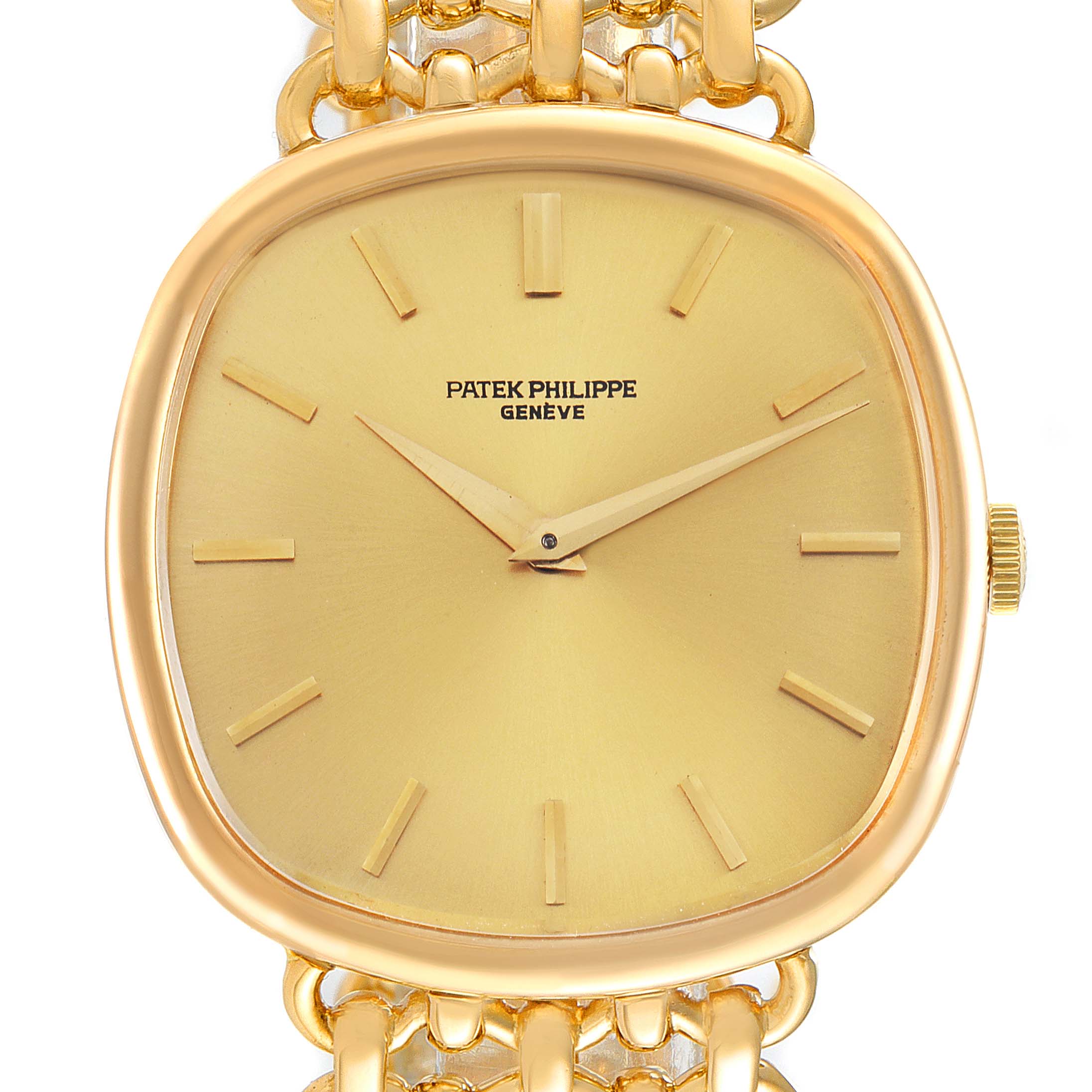 The image shows the front view of the Patek Philippe Golden Ellipse 3644 Men's Yellow Gold Champagne Dial 3644 Men's Yellow Gold Champagne Dial watch, highlighting its face, hands, and part of the bracelet.
