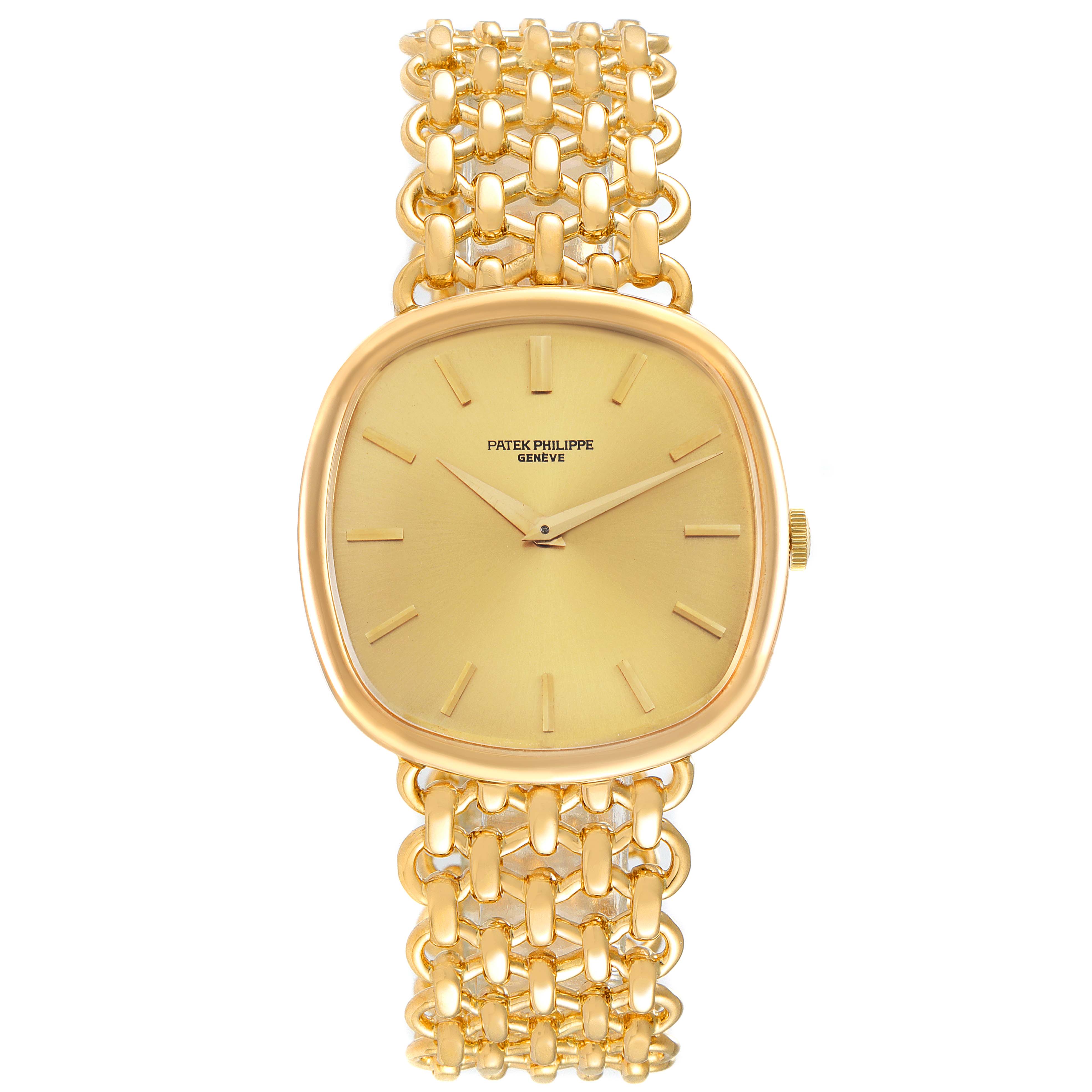 The image shows a frontal view of the Patek Philippe Golden Ellipse 3644 Men's Yellow Gold Champagne Dial 3644 Men's Yellow Gold Champagne Dial watch, highlighting its gold oval dial and intricate bracelet.