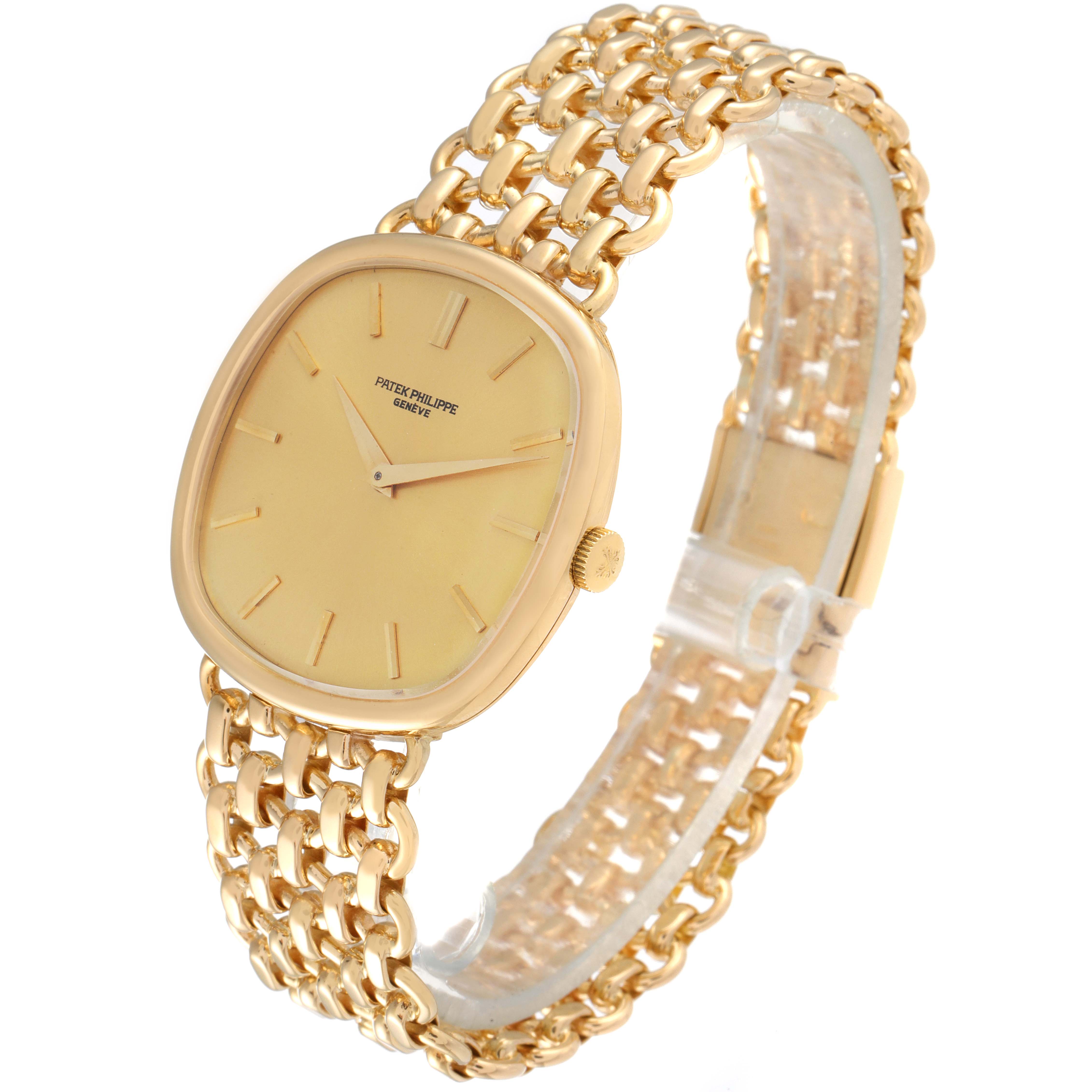 The image displays a front angle of the Patek Philippe Golden Ellipse 3644 Men's Yellow Gold Champagne Dial 3644 Men's Yellow Gold Champagne Dial watch, showcasing the face, bezel, crown, and metallic bracelet.